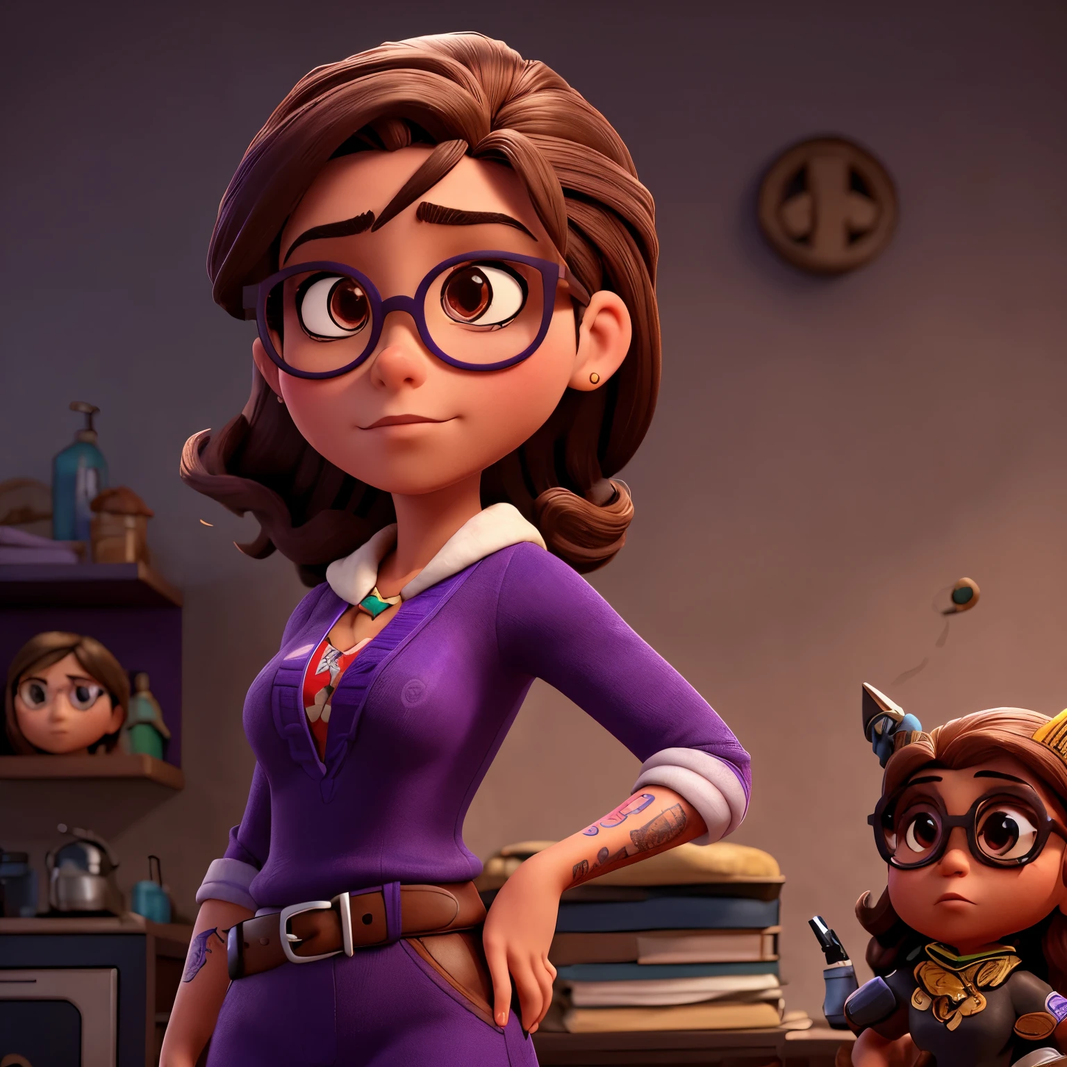 Mulher, pele clara, corpo magro, serious expression, cold expression, gun in hand, cabelo comprido Undercut, cabelo Marrom, roupa social branca, colete preto, gravata borboleta verde, triangle tattoo on neck, dark purple round glasses, pixar