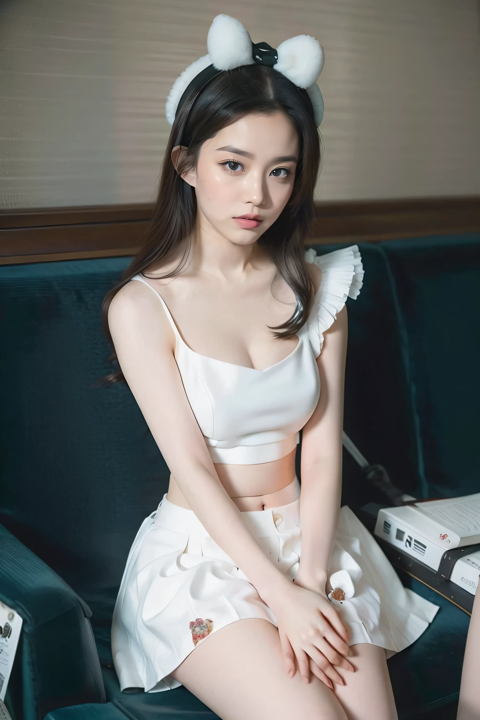 Woman sitting on sofa，A red bow is worn on his head, korean girl, 全身Lovely的年轻女士, 穿着Lovely的上衣, gas station trends, casual clothing style, White fluffy suit, 年轻Lovely的女孩, beautiful young girl, wearing white skirt, wearing white clothes, Korean fashion model, white top, Wear a crop top，show breasts，Show cleavage，V-neck，Sexy，looking at camera，V-neck，Lovely，Leave the country whole body，Sexy大腿，超Sexy，Sexy姿势