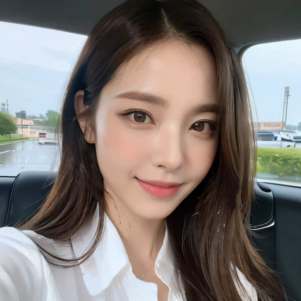 ((highest quality, 8k, masterpiece: 1.3)), sharp focus: 1.2, beautiful woman with perfect figure: 1.4, slim abs: 1.2, (layered hairstyles,: 1.2)), (wet white button long shirt: 1.3), rain: 1.3, street: 1.2, wet body: 1.1, Highly detailed face and skin texture, fine eyes, double eyelid, big breasts, smile,