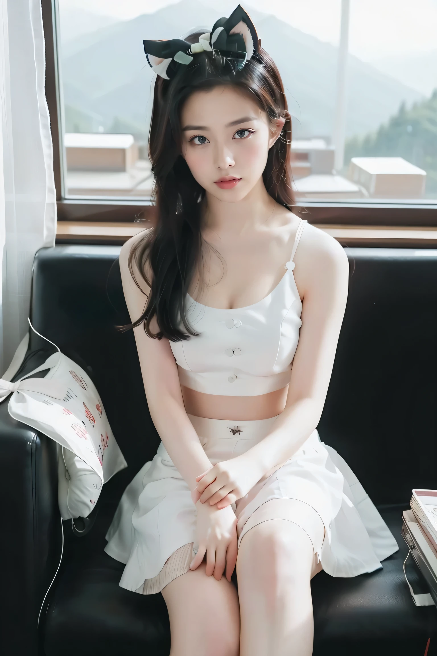 Woman sitting on sofa，A red bow is worn on his head, korean girl, 全身Lovely的年轻女士, 穿着Lovely的上衣, gas station trends, casual clothing style, White fluffy suit, 年轻Lovely的女孩, beautiful young girl, wearing white skirt, wearing white clothes, Korean fashion model, white top, Wear a crop top，show breasts，Show cleavage，V-neck，Sexy，looking at camera，V-neck，Lovely，Leave the country whole body，Sexy大腿，超Sexy，Sexy姿势