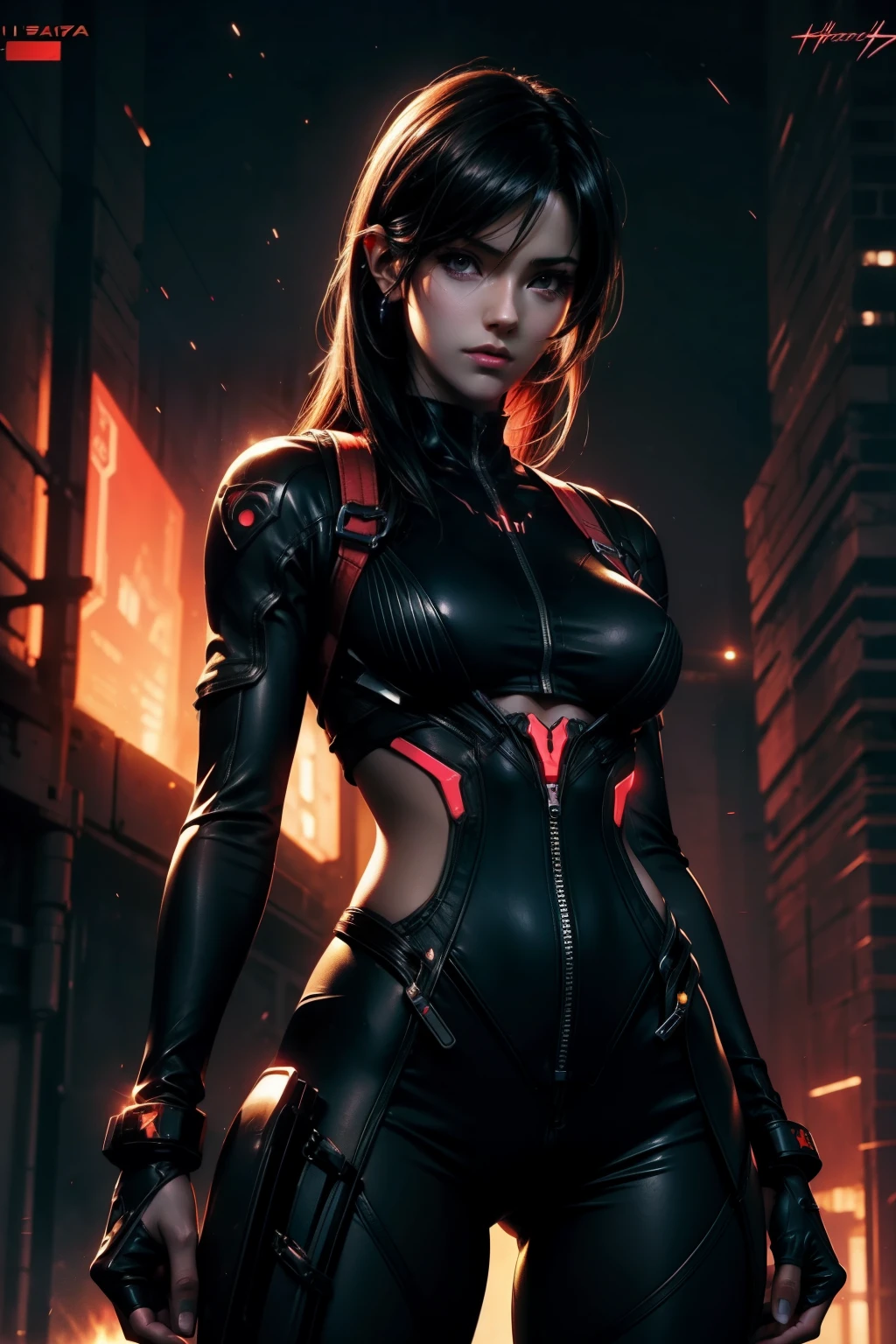 Waist up hyper detailed beauty Tifa Lockhart (masterpiece) in detailed black & golden plugsuit (Neon Genesis Evangelion aesthetic style), best quality, sharp focus, glowing