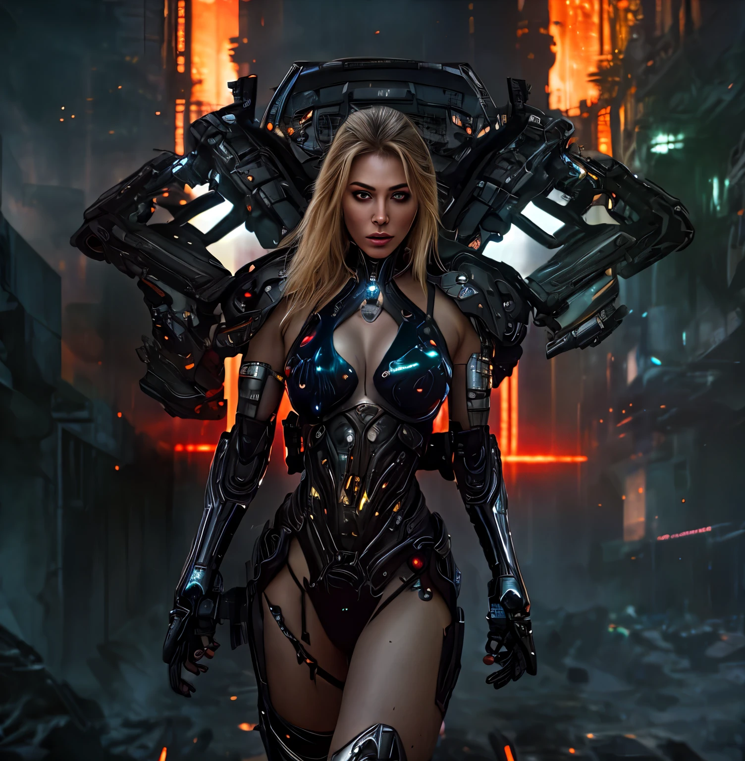 medium shot photo of sexy female cyborg wearing scratched and tarnished futuristic armor in a destroyed futuristic city, fantasy, sci-fi, beautiful feminine face, seductive, sexual, mist, vivid alluring eyes, best quality masterpiece, photorealistic, detailed, 8k, HDR, shallow depth of field, broad light, high contrast, backlighting, bloom, light sparkles, chromatic aberration, sharp focus, RAW color photo