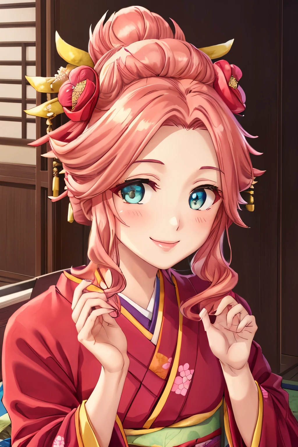 Gyokuha, Gyokuha妃, (1 girl:1.), (solo:1.3), long hair, pink hair, bun hair, single hair, (red kimono:1.3), (gorgeous floral pattern:1.3), (beautiful black obi:1.3), Floral decoration, highest quality, High resolution, unity 8k wallpaper, (An illustration: 0.8), (detailed and beautiful eyes:1.6), highly detailed face, perfect lighting, Detailed CG, (perfect hands, perfect anatomy), (smile:1.3), gentle smile, blush, close up, free pose