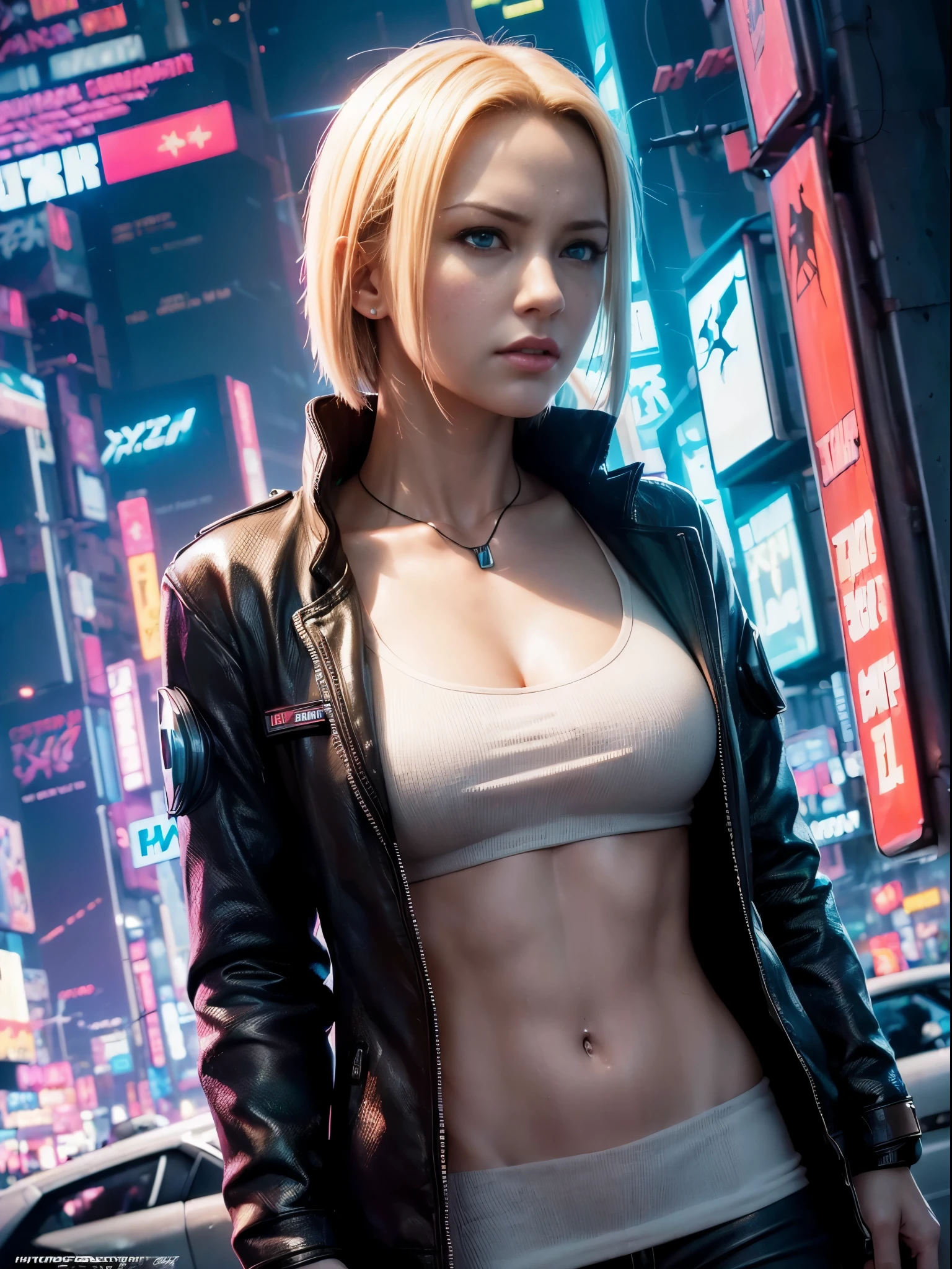 (photo realistic:1.4), (hyper realistic:1.4), (realistic:1.3), (smoother lighting:1.05), (increase cinematic lighting quality:0.9),(((Cyberpunk magazine covers))),glossy cover,Android 18 from Dragon Ball,Rainbow Color