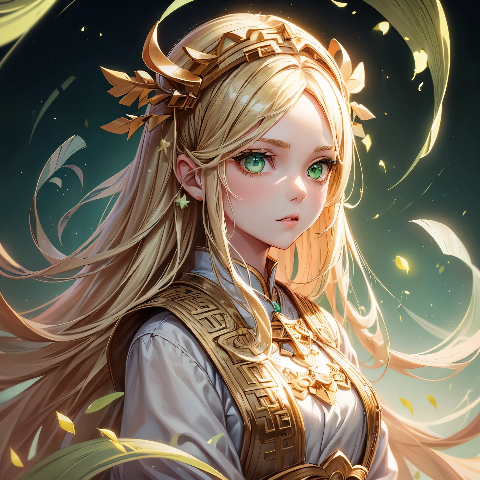 (((Ridiculous))), (((best quality))), portrait, The art of math, (Popular topics on Artstation), ((1 girl)), ((green shining eyes)), star eyes, beautiful, (Beige blonde long hair), (((Greek clothing))):0.9.