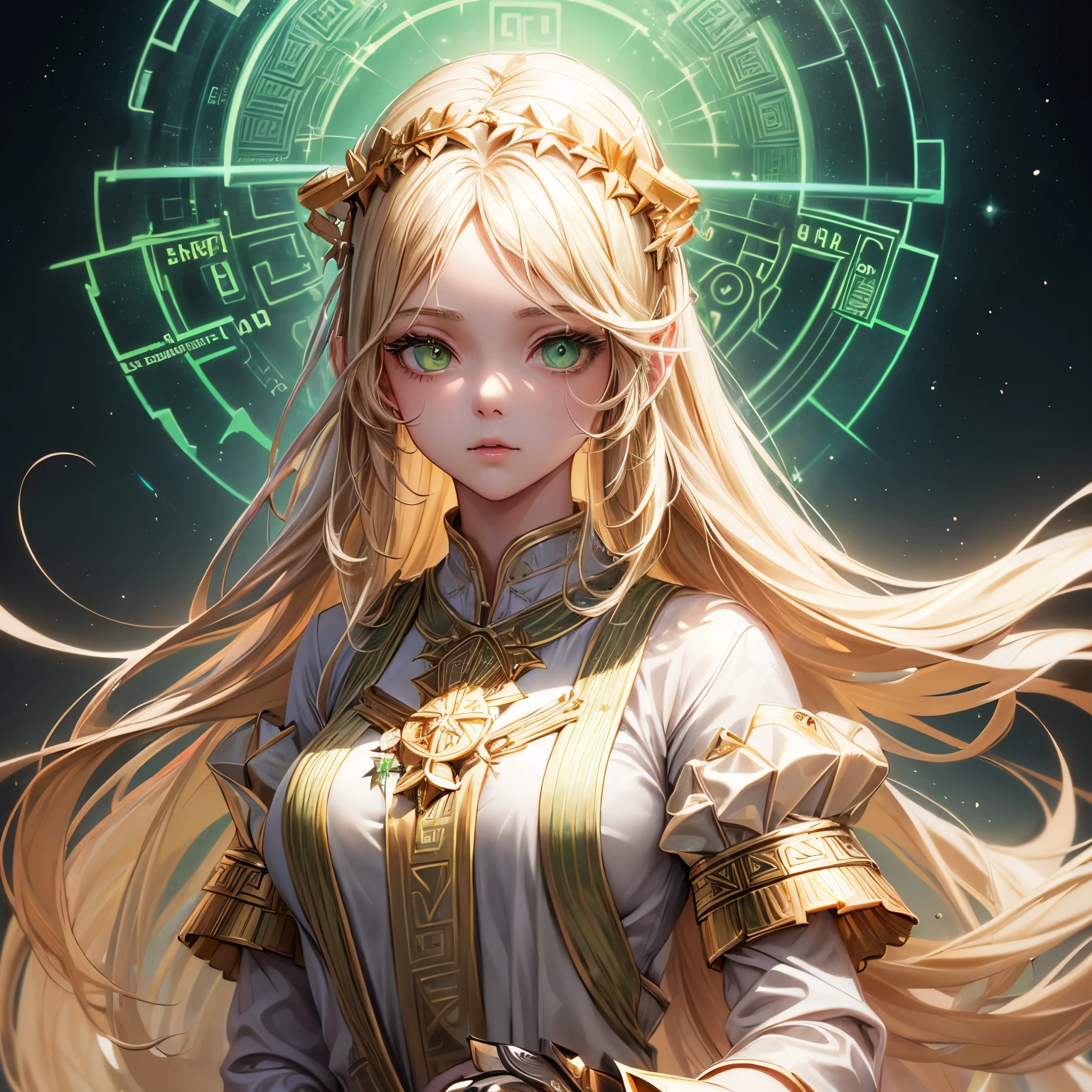(((Ridiculous))), (((best quality))), portrait, The art of math, (Popular topics on Artstation), ((1 girl)), ((green shining eyes)), star eyes, beautiful, (Beige blonde long hair), (((Greek clothing))):0.9.