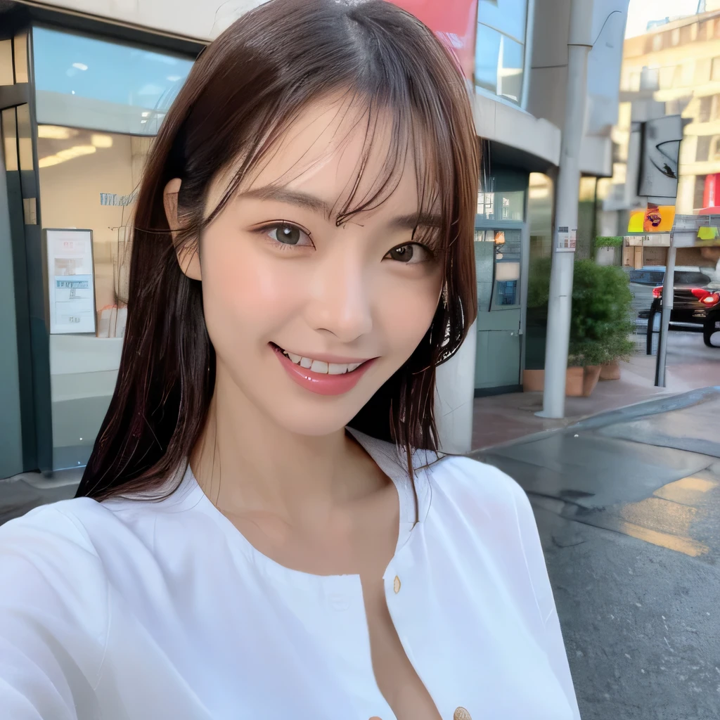 ((highest quality, 8k, masterpiece: 1.3)), sharp focus: 1.2, beautiful woman with perfect figure: 1.4, slim abs: 1.2, (layered hairstyles,: 1.2)), (wet white button long shirt: 1.3), rain: 1.3, street: 1.2, wet body: 1.1, Highly detailed face and skin texture, fine eyes, double eyelid, big breasts, smile,