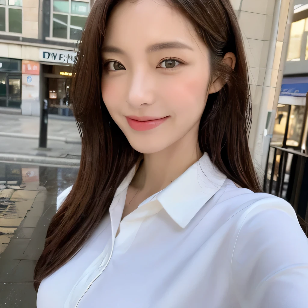 ((highest quality, 8k, masterpiece: 1.3)), sharp focus: 1.2, beautiful woman with perfect figure: 1.4, slim abs: 1.2, (layered hairstyles,: 1.2)), (wet white button long shirt: 1.3), rain: 1.3, street: 1.2, wet body: 1.1, Highly detailed face and skin texture, fine eyes, double eyelid, big breasts, smile,