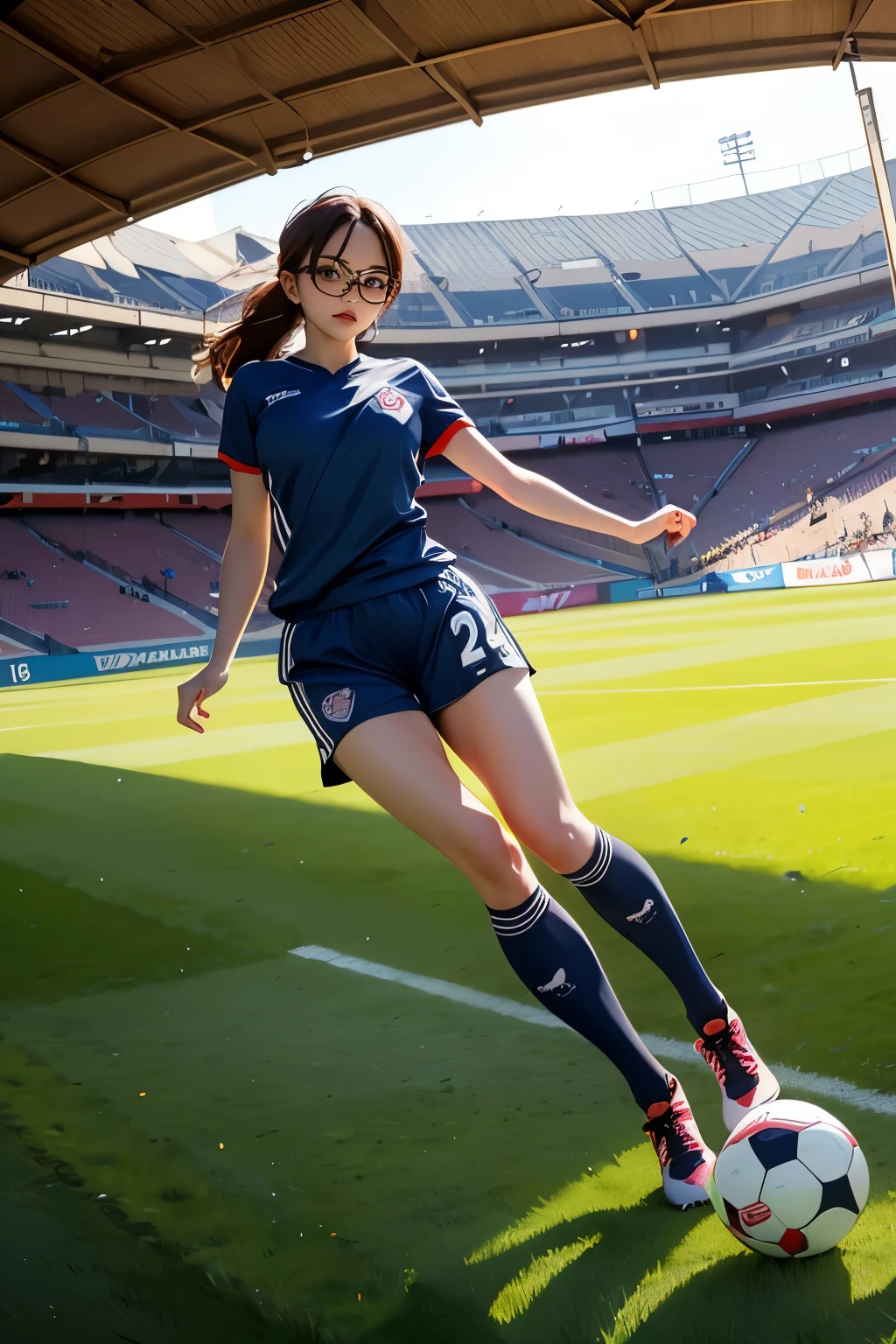 ((wide angle image)), women's football match, (((wears large glasses)))