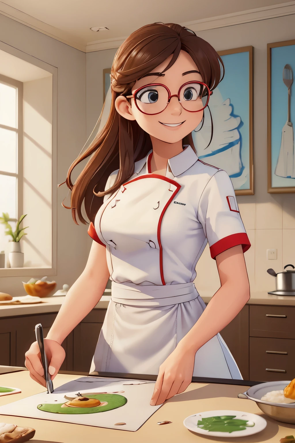 (UN :1.3),(chef-d'artwork, best quality:1.4), (beau, UNesthetic, Parfait, delicate, complexe:1.2),((best quality)), ((chef-d'artwork)), (detailed),(UN high resolution:1.2), Salle de classe, UNn adult female, Smiling Claudia Chever, t-shirt rouge, jupe blanche, lunettes, Se pencher, angle de vue,