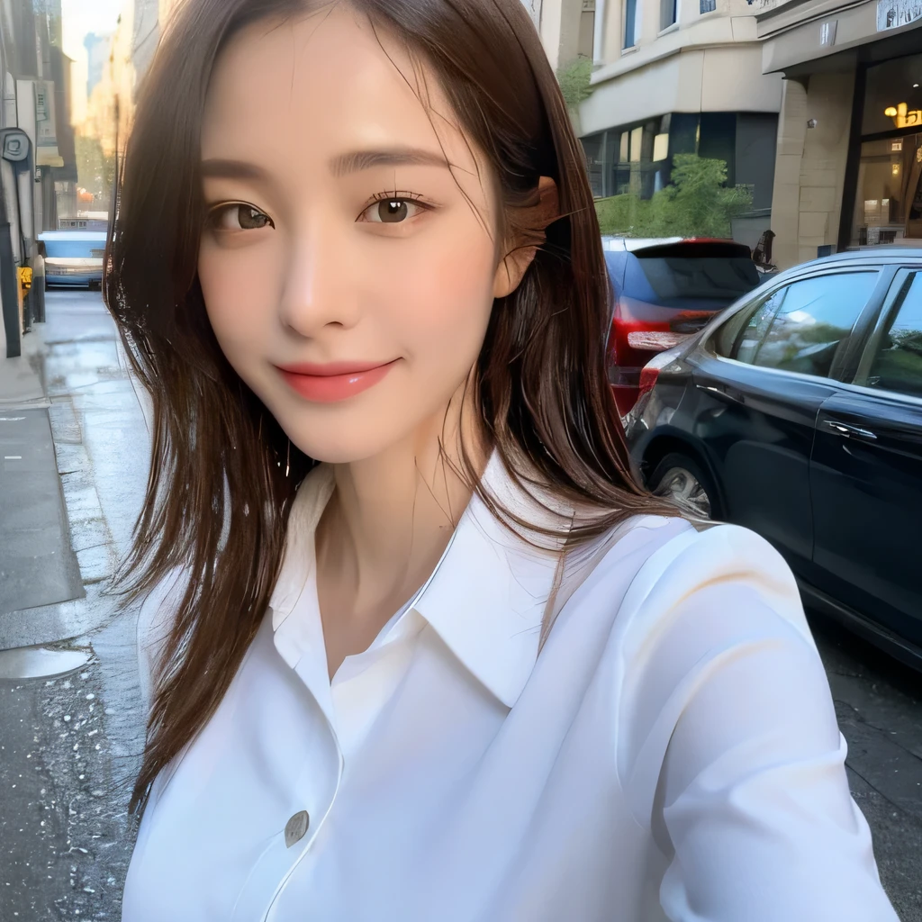 ((highest quality, 8k, masterpiece: 1.3)), sharp focus: 1.2, beautiful woman with perfect figure: 1.4, slim abs: 1.2, (layered hairstyles,: 1.2)), (wet white button long shirt: 1.3), rain: 1.3, street: 1.2, wet body: 1.1, Highly detailed face and skin texture, fine eyes, double eyelid, big breasts, smile,