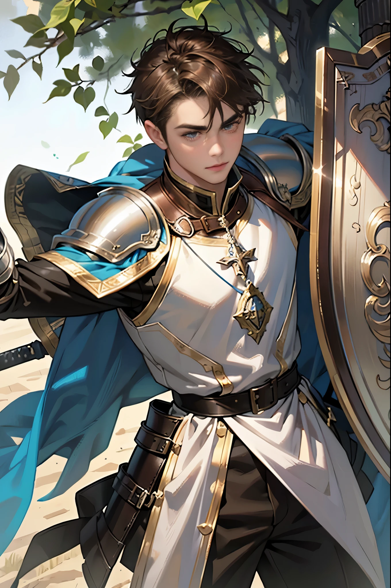 masterpiece, Super detailed, 8K portrait, RAW photo, Portrait photo of a man, highly detailed face, cool and careful eyes, ((fantasy)), (((((1boy))))), (((youth))), , warrior, dynamic pose, (((Hold up a shield and full swing a sword))), (((short brown hair))), (((White skin color))), (((leather armor))), Midday sun, surreal, long legs, In the battle field of the Middle Ages, environmental lighting, shadow details, focus the camera on the face, strong wind, light fog