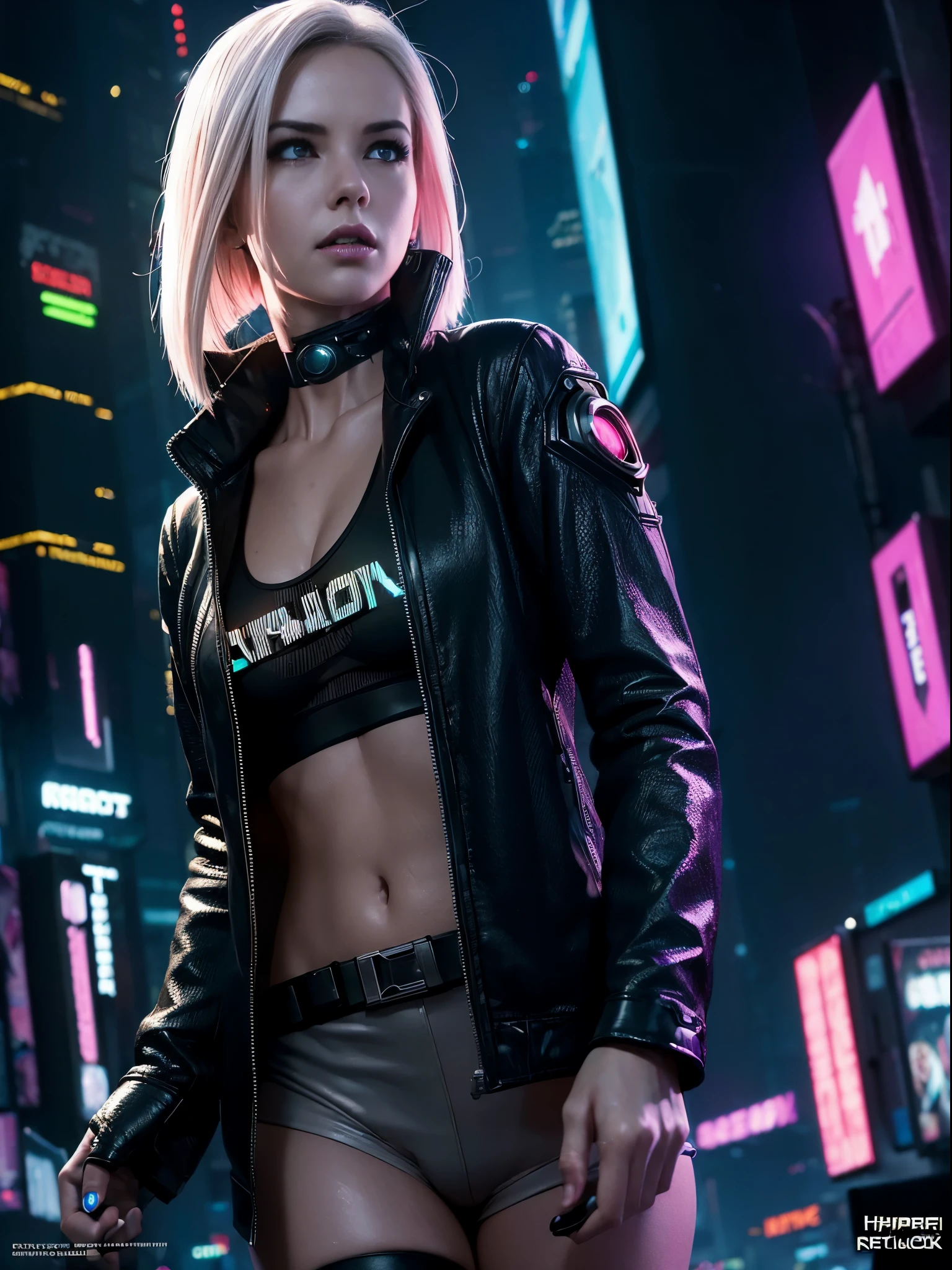 (photo realistic:1.4), (hyper realistic:1.4), (realistic:1.3), (smoother lighting:1.05), (increase cinematic lighting quality:0.9),(((Cyberpunk magazine covers))),glossy cover,Android 18 from Dragon Ball,Rainbow Color