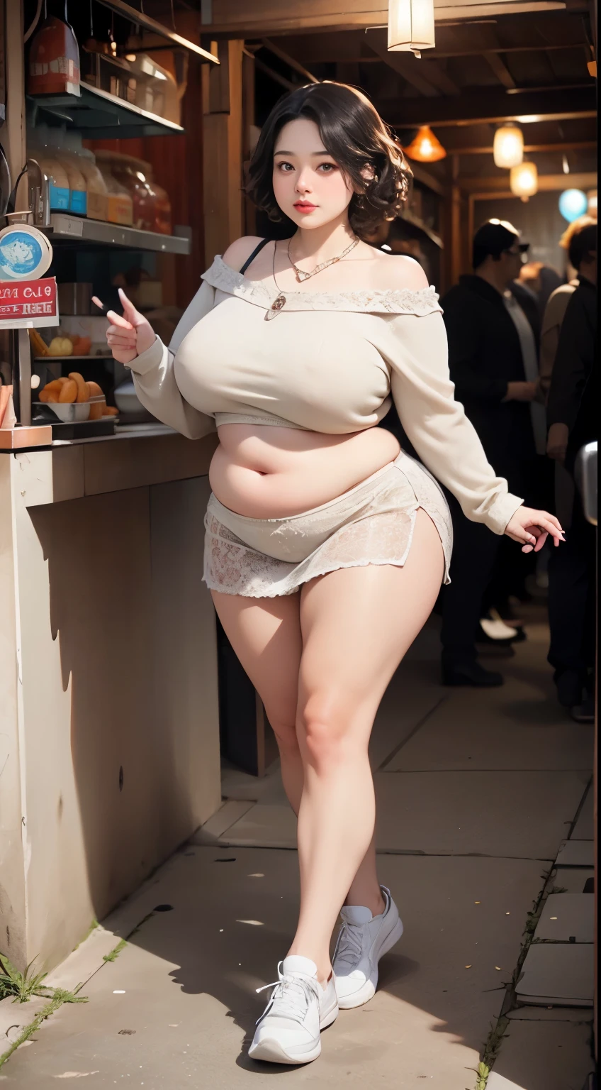 1 girl, slightly obese body, big size, round face, double chin, overweight, Shoulder length Fluffy short curly hair , high-long white hoodie lace gauze skirt ,navel,holding her weight on her stomach and looking at the camera,dark room, walking , wearing a five bracelet and on her fingers, wearing a huge diamond necklace , Wear modest clothes, full body photoshoot , wearing a sneakers