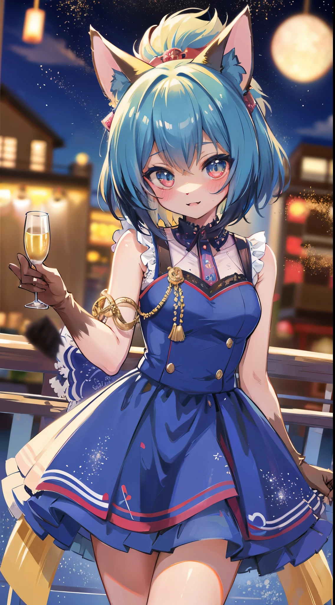 michiru_kagemori, michiru, furry, anthro, (facial_mark:0.5), by gudlmok99, by fumiko, by hyattlen, vestido de noche, good anatomy, bar nocturno, balcon, Glass of champagne, cielo noctruno, cielo estrellado, smiling, blushing cheeks, cute expression. 