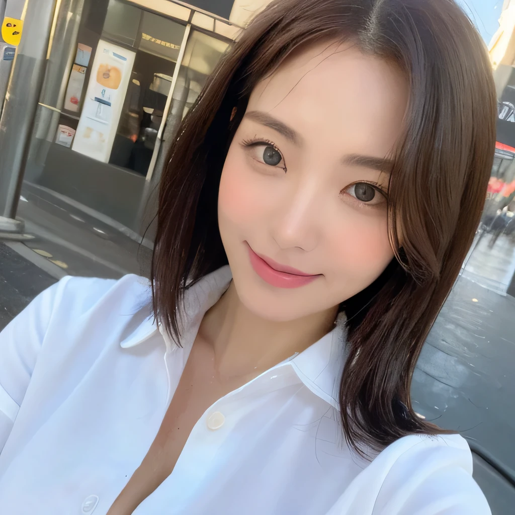 ((highest quality, 8k, masterpiece: 1.3)), sharp focus: 1.2, beautiful woman with perfect figure: 1.4, slim abs: 1.2, (layered hairstyles,: 1.2)), (wet white button long shirt: 1.3), rain: 1.3, street: 1.2, wet body: 1.1, Highly detailed face and skin texture, fine eyes, double eyelid, big breasts, smile,