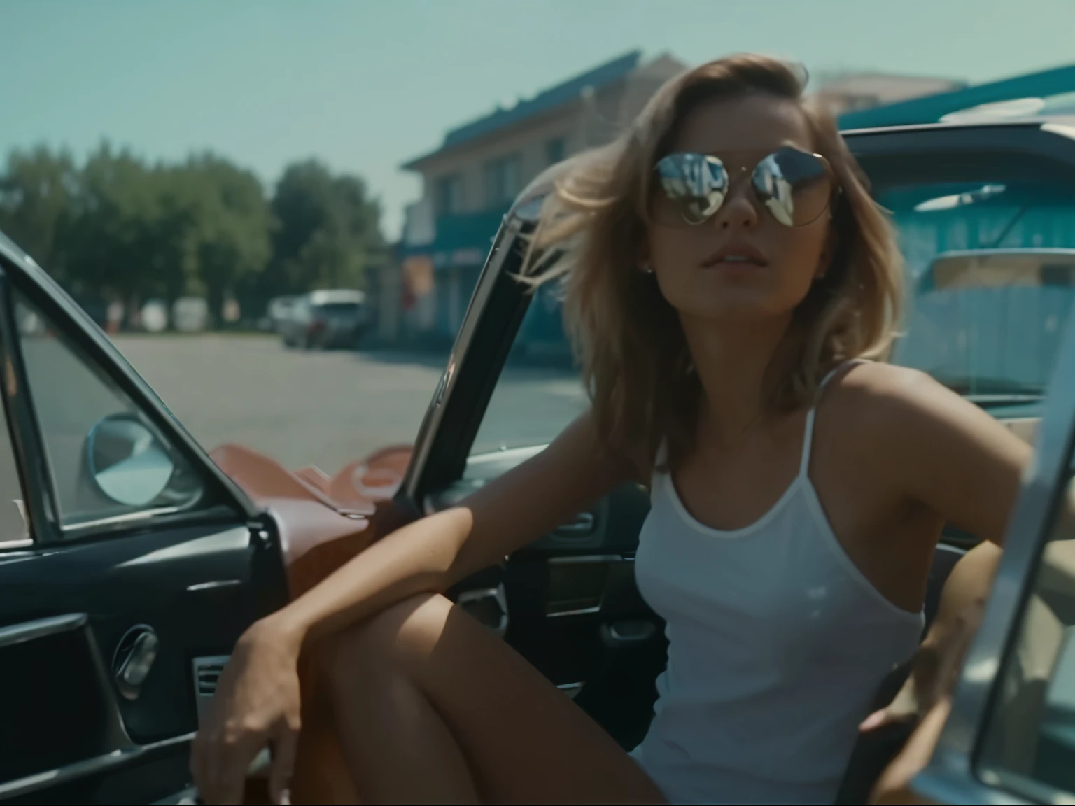 arafed woman sitting in a car with her legs crossed, sunglasses, still from a music video, music video, official music video, outrun style, shot on anamorphic lenses, performing a music video, magdalena radziej, alana fletcher, 1 9 7 0 s analog video, 1 9 8 0 s analog video, youtube video screenshot, dasha taran