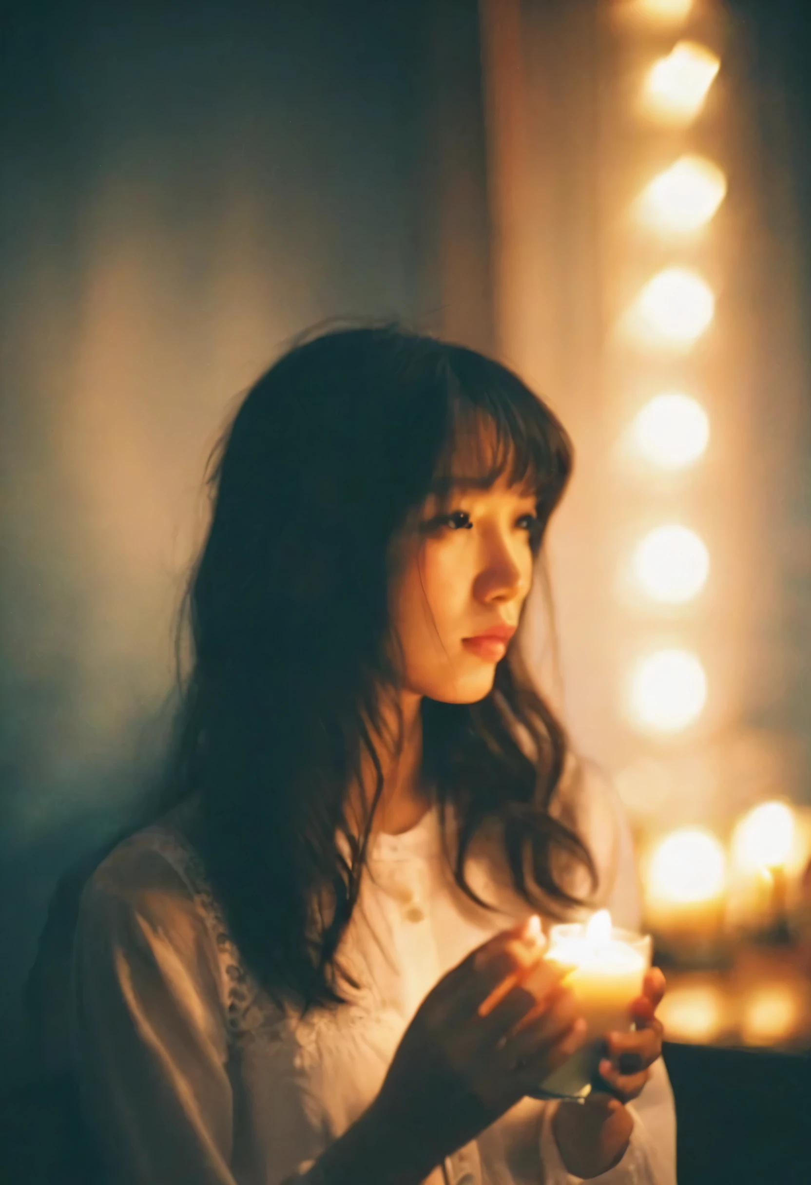 best quality,film grain,1 girl, asian ethnicity, Moody's Lighting, indoor environment, Candle, soft focus, at night, blue shirt, white undershirt, Holding a drink can, expression of contemplation, curls, low-key portrait, close up, Warm and cool color contrast, bokeh background, shadow, mysterious atmosphere, serene.bouquet, Wedding dress, actual, Candle, wedding veil, bride, Candlestand,rest, faded film, Desaturate, 35mm photo, film grain