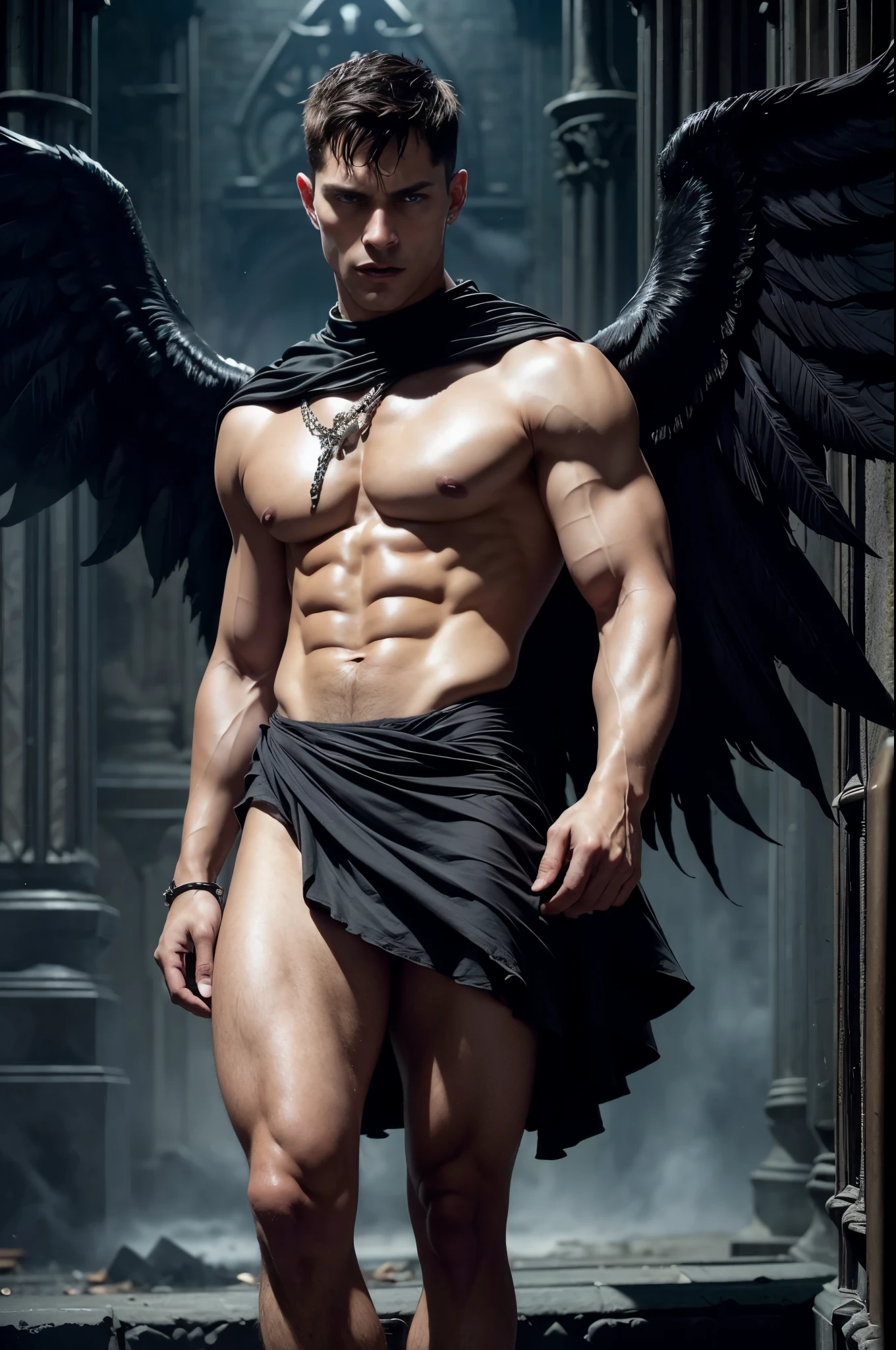 Photorealistic, ((best quality)), ((masterpiece)), (detailed), walking towards the camera, perfect face, masculine portrait , personification, (evil look), super pale skin, (massive huge majestic black angel wings:1.5), black dragon horns, 18-year-old, super male model, handsome, tall, cute looking, strong jawline, square jawline, evil look, dark look powerful, young male model, handsome mythical creature, super strong, muscular, fit, massive muscles, six pack, clean shave, light blue eyes, short dark brown wavy messy hair, short messy hair, short messy wavy hair, buzz cut, shirtless, barefoot, barechested, muscle, ripped, strong body, fit body, ancient linen Greek small skirt, antique black linen raped cloth skirt, Dark background, 8k, high detailed, ultra-detailed, Stylish Pose, real skin texture, dark cinematic lighting, (black dark gothic cathedral ruins:1.4), ruins, fire, flooded