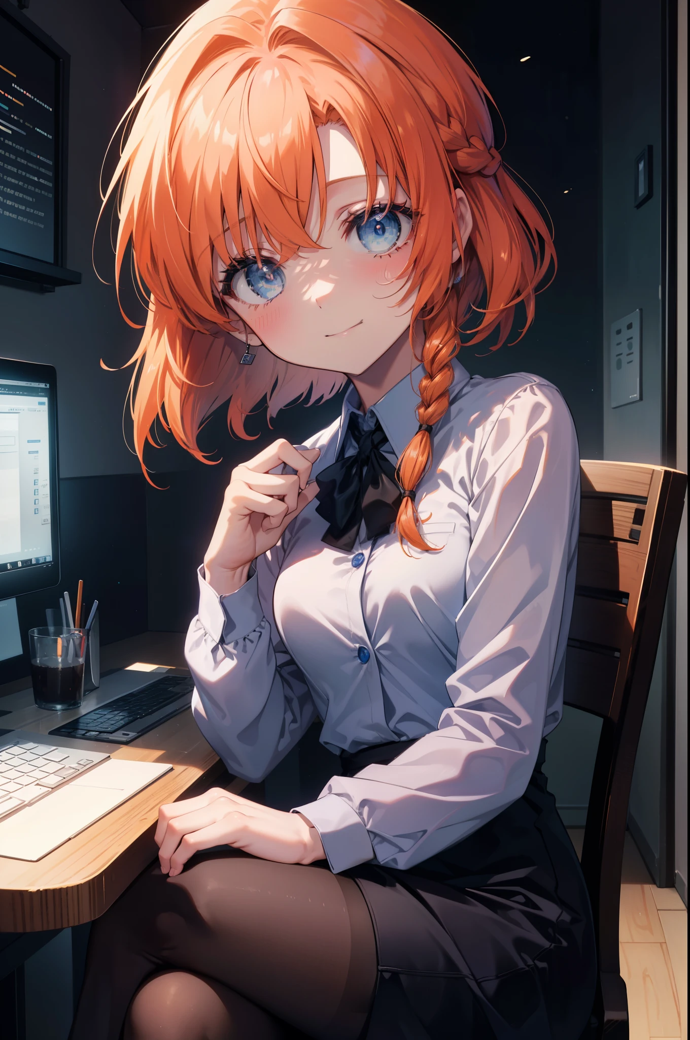 Rena Ryugu, rena ryuuguu, orange hair, long hair, short braid,ponytail,hair blue eyes, smile, grin and laugh,black suit jacket, collared jacket, white dress shirt, collared shirt, neckline, button, strap, ID card on neck, black pencil skirt, black pantyhose, smile, blush, looking at the viewer, Charm, Mechanical,on your computer,sitting in a chair, interior,touch typing ,(small breasts:1.2)
break looking at viewer,
break indoors, office,
break (masterpiece:1.2), highest quality, High resolution, unity 8k wallpaper, (figure:0.8), (detailed and beautiful eyes:1.6), highly detailed face, perfect lighting, Very detailed CG, (perfect hands, perfect anatomy),