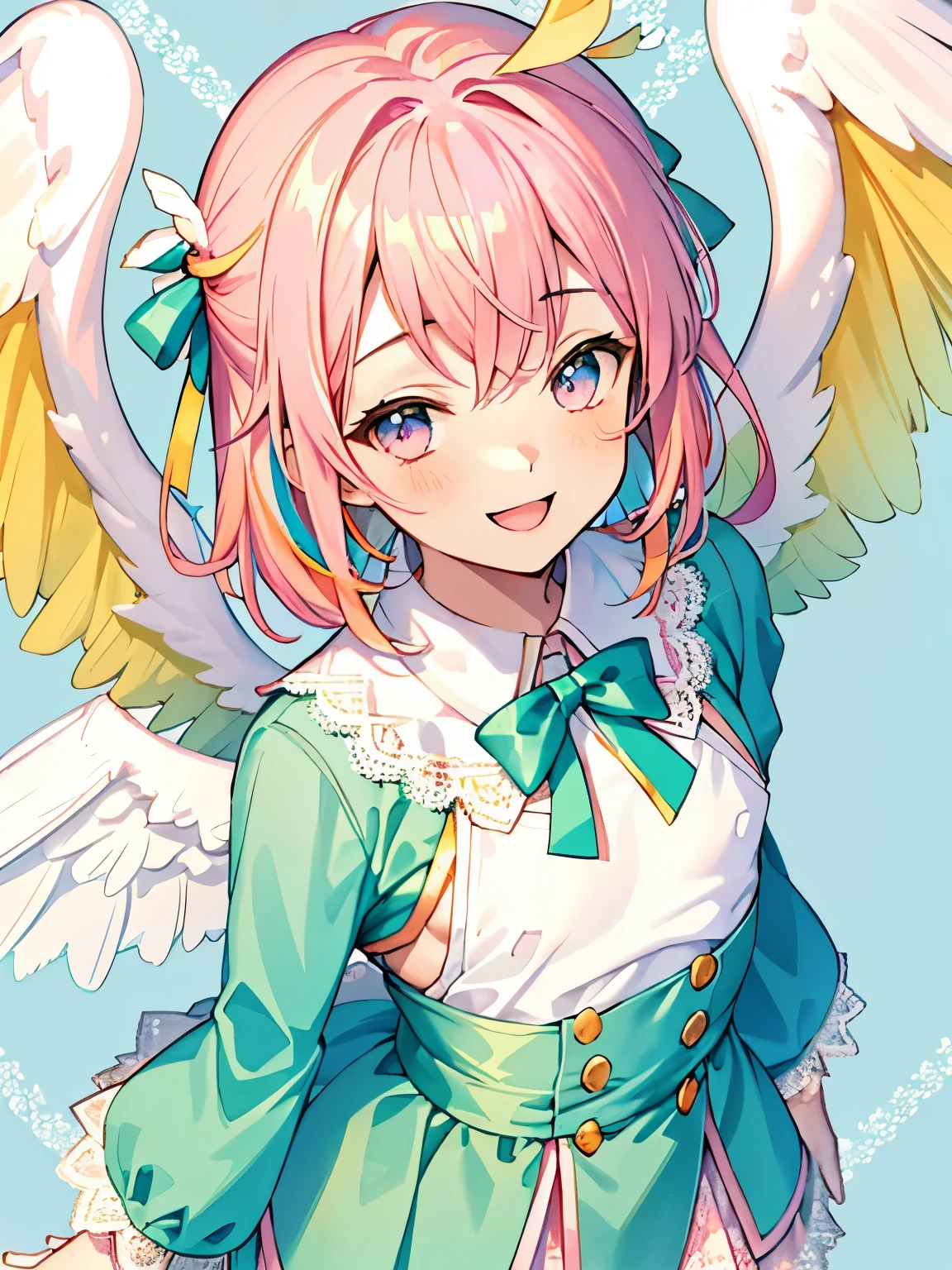 ((male)),(small breasts:1.3),((women's clothing:1.2)),(Angle from above),casual street clothes,close up of face,((high resolution)),modest smile,waving cutely,(lace pattern background),(white and pink and blue and yellow and green and orange),(angel wings)
