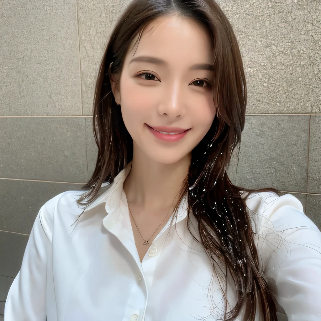 ((highest quality, 8k, masterpiece: 1.3)), sharp focus: 1.2, beautiful woman with perfect figure: 1.4, slim abs: 1.2, (layered hairstyles,: 1.2)), (wet white button long shirt: 1.3), rain: 1.3, street: 1.2, wet body: 1.1, Highly detailed face and skin texture, fine eyes, double eyelid, big breasts, smile,
