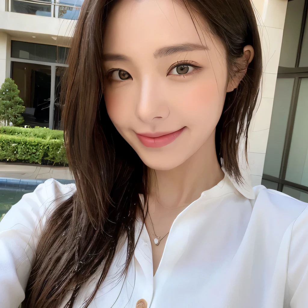 ((highest quality, 8k, masterpiece: 1.3)), sharp focus: 1.2, beautiful woman with perfect figure: 1.4, slim abs: 1.2, (layered hairstyles,: 1.2)), (wet white button long shirt: 1.3), rain: 1.3, street: 1.2, wet body: 1.1, Highly detailed face and skin texture, fine eyes, double eyelid, big breasts, smile,