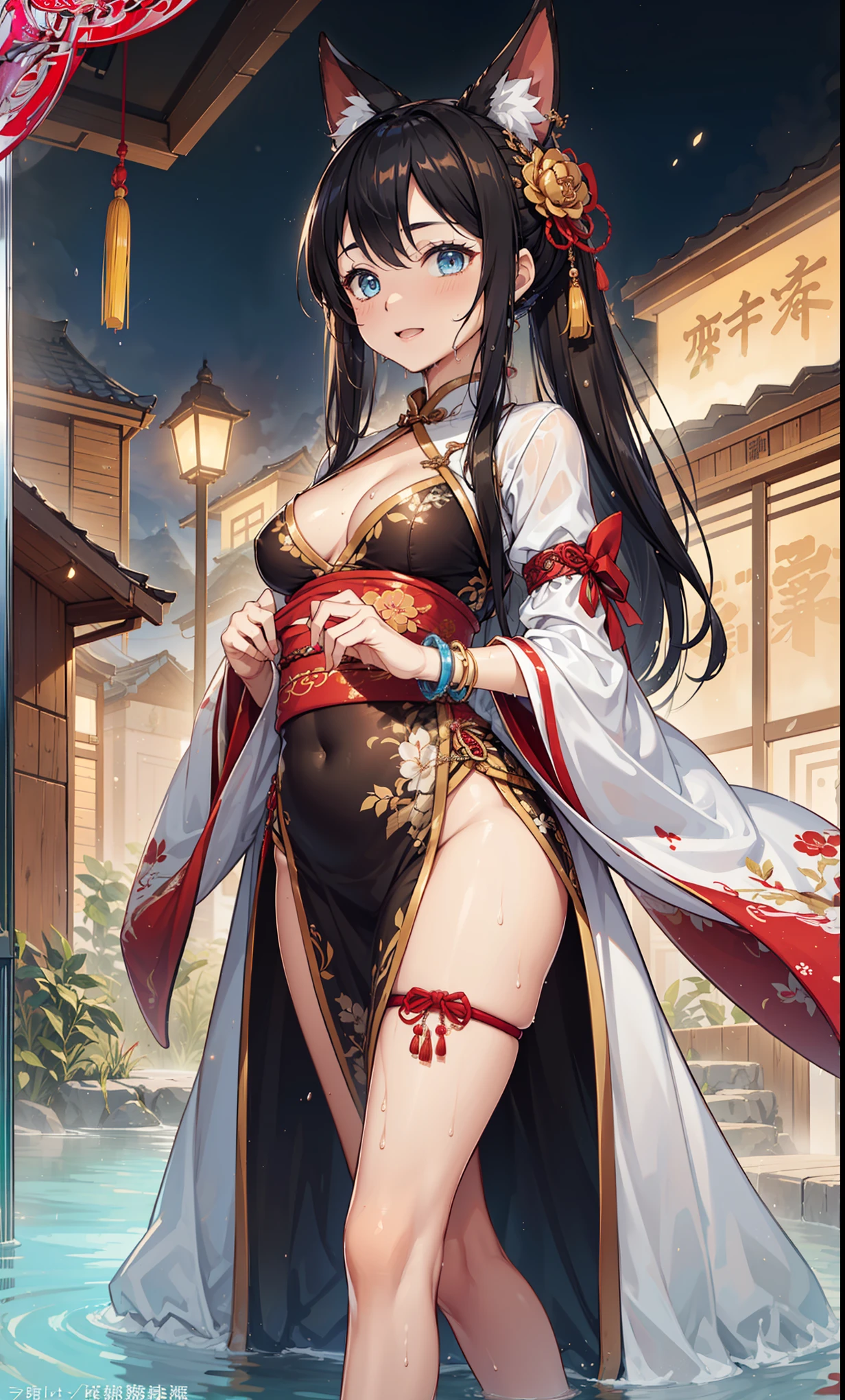top quality,best resolution,(Drenched white long cheongsam),Super detailed, She has a white twin tail,young women,charm,Design intricate clothes,blue eyes,Vision cloud light paradise,Elegant and charming,((Wet people,A misty Chinese hot spring in the background)),leg rings,anklet,night,little lighting,charm的姿势,Intricately designed clothing,Beautifully decorated