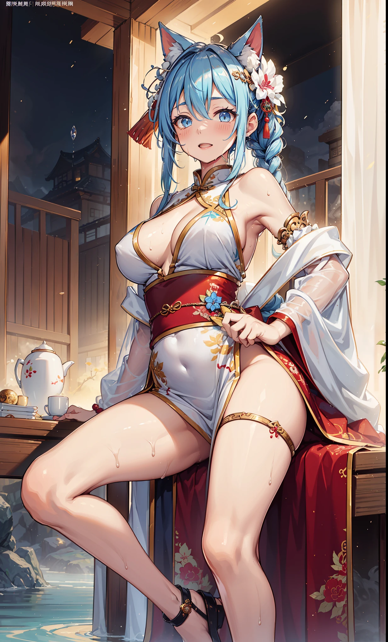 top quality，best resolution，(Drenched white long cheongsam），Super detailed, She has a white twin tail，young women，charm，Design intricate clothes，blue eyes，Vision cloud light paradise，Elegant and charming，((Wet people，A misty Chinese hot spring in the background))，leg rings，anklet，night，little lighting，charm的姿势，Intricately designed clothing，Beautifully decorated