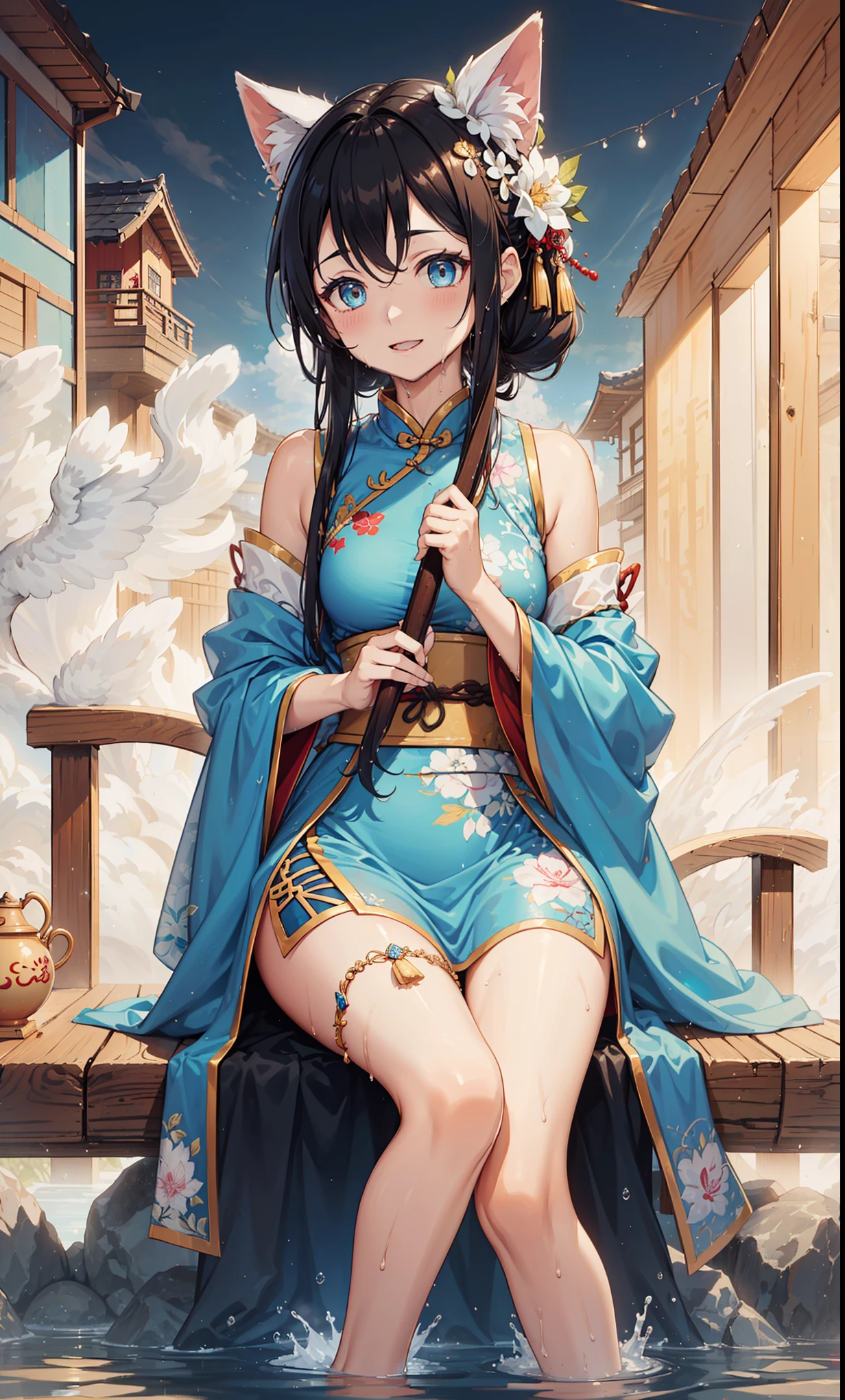 top quality,best resolution,(Drenched white long cheongsam),Super detailed, She has a white twin tail,young women,charm,Design intricate clothes,blue eyes,Vision cloud light paradise,Elegant and charming,((Wet people,A misty Chinese hot spring in the background)),leg rings,anklet,night,little lighting,charm的姿势,Intricately designed clothing,Beautifully decorated