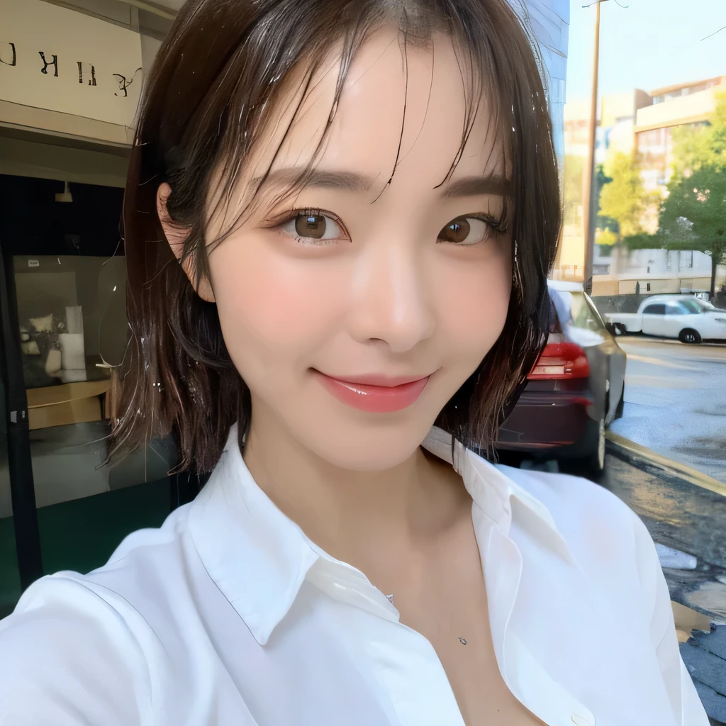 ((highest quality, 8k, masterpiece: 1.3)), sharp focus: 1.2, beautiful woman with perfect figure: 1.4, slim abs: 1.2, (layered hairstyles,: 1.2)), (wet white button long shirt: 1.3), rain: 1.3, street: 1.2, wet body: 1.1, Highly detailed face and skin texture, fine eyes, double eyelid, big breasts, smile,