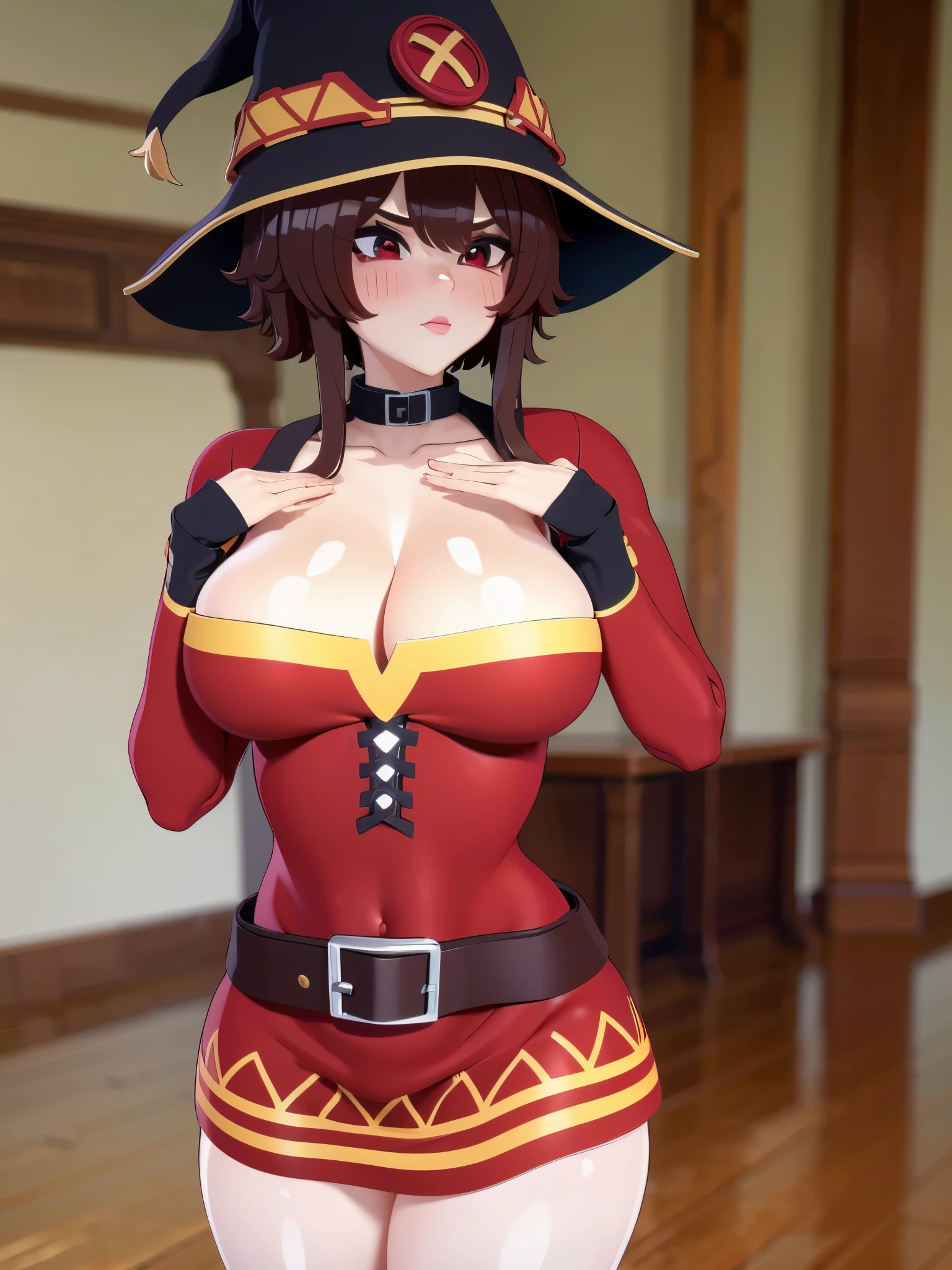 k, RAW photos, top quality, masterpiece: 1.2), (High Quality), ray tracing, HDR, (High Details), (Face detail), (Shadow Detail), (amplected), stylized blush, 3d, 3d render, 1girl, solo, masterpiece, best quality, high quality, highres, 4K, perfect anatomy, rendered eyes, lip gloss, makeup, woman, detailed, cleavage, thick thighs, 1girl, solo, seductive eyes, masterpiece, best quality, high quality, highres, 4K, megumin, short hair, dress, red dress, hat, witch hat, belt, matured