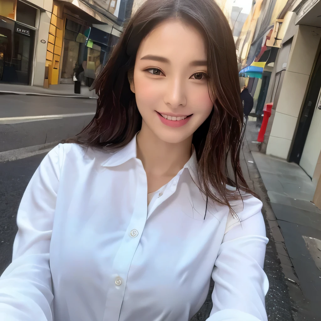 ((highest quality, 8k, masterpiece: 1.3)), sharp focus: 1.2, beautiful woman with perfect figure: 1.4, slim abs: 1.2, (layered hairstyles,: 1.2)), (wet white button long shirt: 1.3), rain: 1.3, street: 1.2, wet body: 1.1, Highly detailed face and skin texture, fine eyes, double eyelid, big breasts, smile,