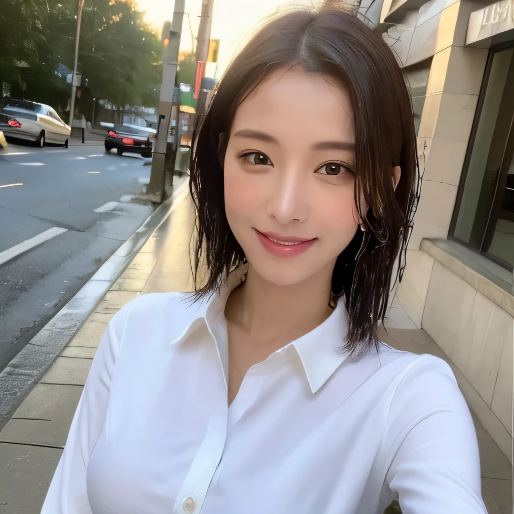 ((highest quality, 8k, masterpiece: 1.3)), sharp focus: 1.2, beautiful woman with perfect figure: 1.4, slim abs: 1.2, (layered hairstyles,: 1.2)), (wet white button long shirt: 1.3), rain: 1.3, street: 1.2, wet body: 1.1, Highly detailed face and skin texture, fine eyes, double eyelid, big breasts, smile,