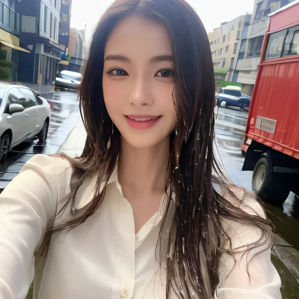((highest quality, 8k, masterpiece: 1.3)), sharp focus: 1.2, beautiful woman with perfect figure: 1.4, slim abs: 1.2, (layered hairstyles,: 1.2)), (wet white button long shirt: 1.3), rain: 1.3, street: 1.2, wet body: 1.1, Highly detailed face and skin texture, fine eyes, double eyelid, big breasts, smile,