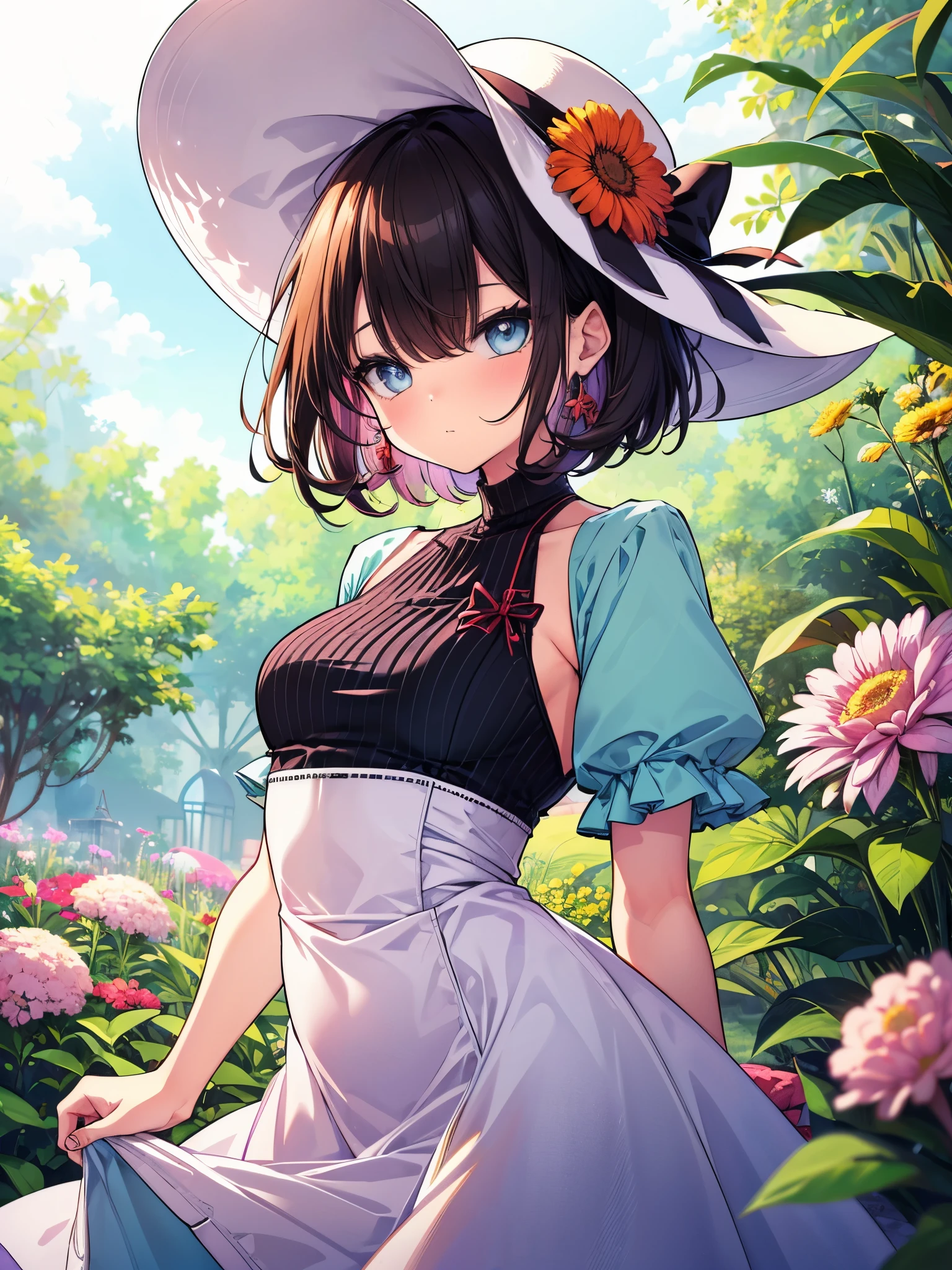 (cowboy shot), (best quality, ultra-high resolution, depth of field:1.2), adult, 1woman, toned body, medium breasts, wide hips, solo, black hair, streaked hair, short hair, bangs, upturned eyes, bright eyes, (wearing light blue summer dress), summer hat, flower field scenery, bored, serious expression