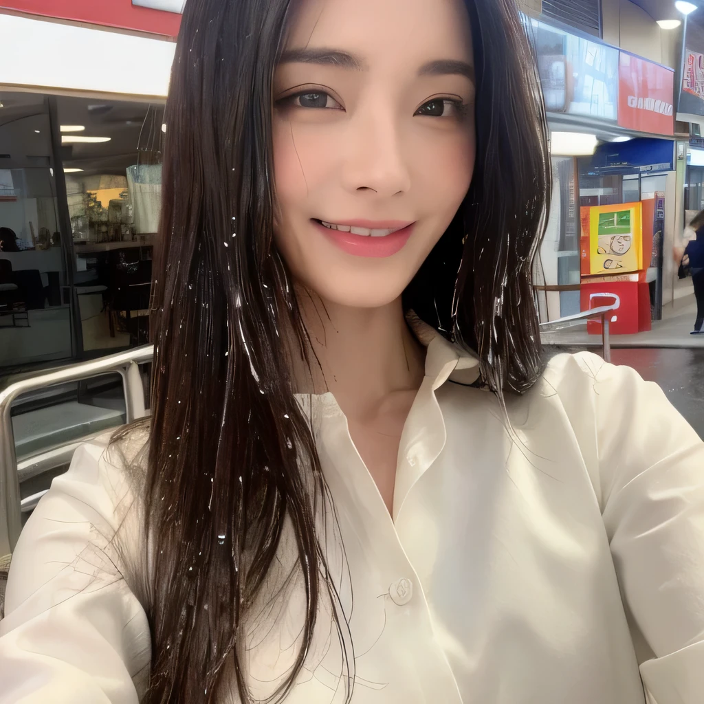 ((highest quality, 8k, masterpiece: 1.3)), sharp focus: 1.2, beautiful woman with perfect figure: 1.4, slim abs: 1.2, (layered hairstyles,: 1.2)), (wet white button long shirt: 1.3), rain: 1.3, street: 1.2, wet body: 1.1, Highly detailed face and skin texture, fine eyes, double eyelid, big breasts, smile,