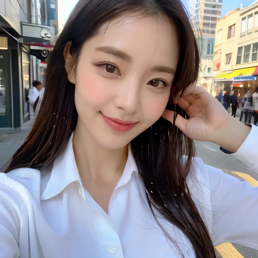 ((highest quality, 8k, masterpiece: 1.3)), sharp focus: 1.2, beautiful woman with perfect figure: 1.4, slim abs: 1.2, (layered hairstyles,: 1.2)), (wet white button long shirt: 1.3), rain: 1.3, street: 1.2, wet body: 1.1, Highly detailed face and skin texture, fine eyes, double eyelid, big breasts, smile,