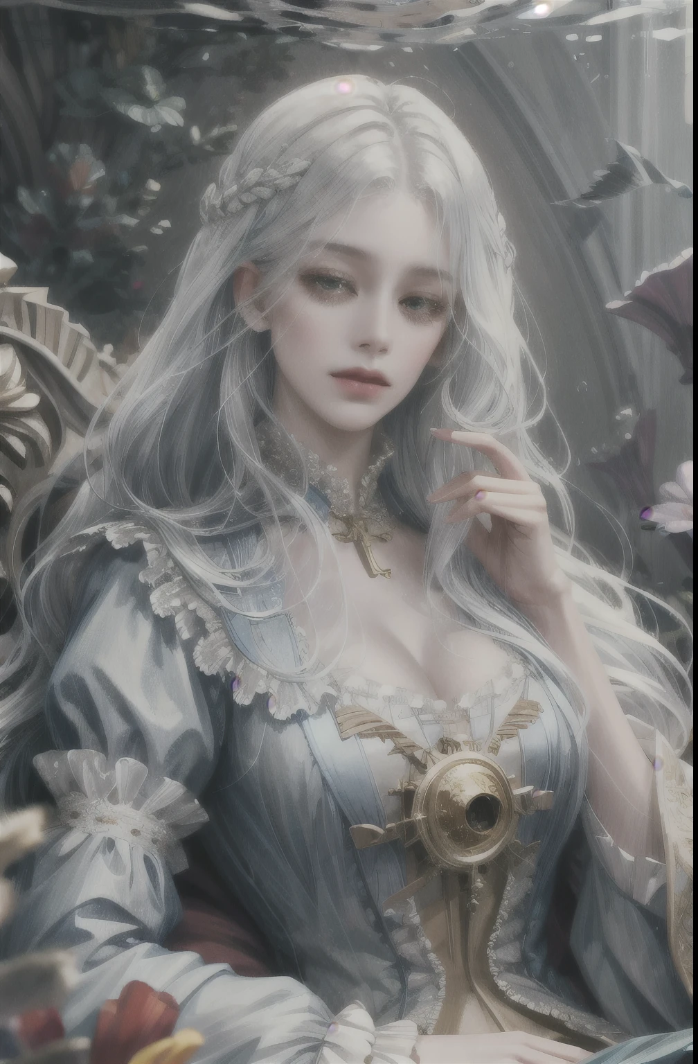 (absurdres, highres, ultra detailed), 1girl, solo, mature, (long hair), Baroque, dress, long sleeve, elegant, holy, colorful, highest detailed, portrait, close up, underwater, floating hair, flower, white hair
