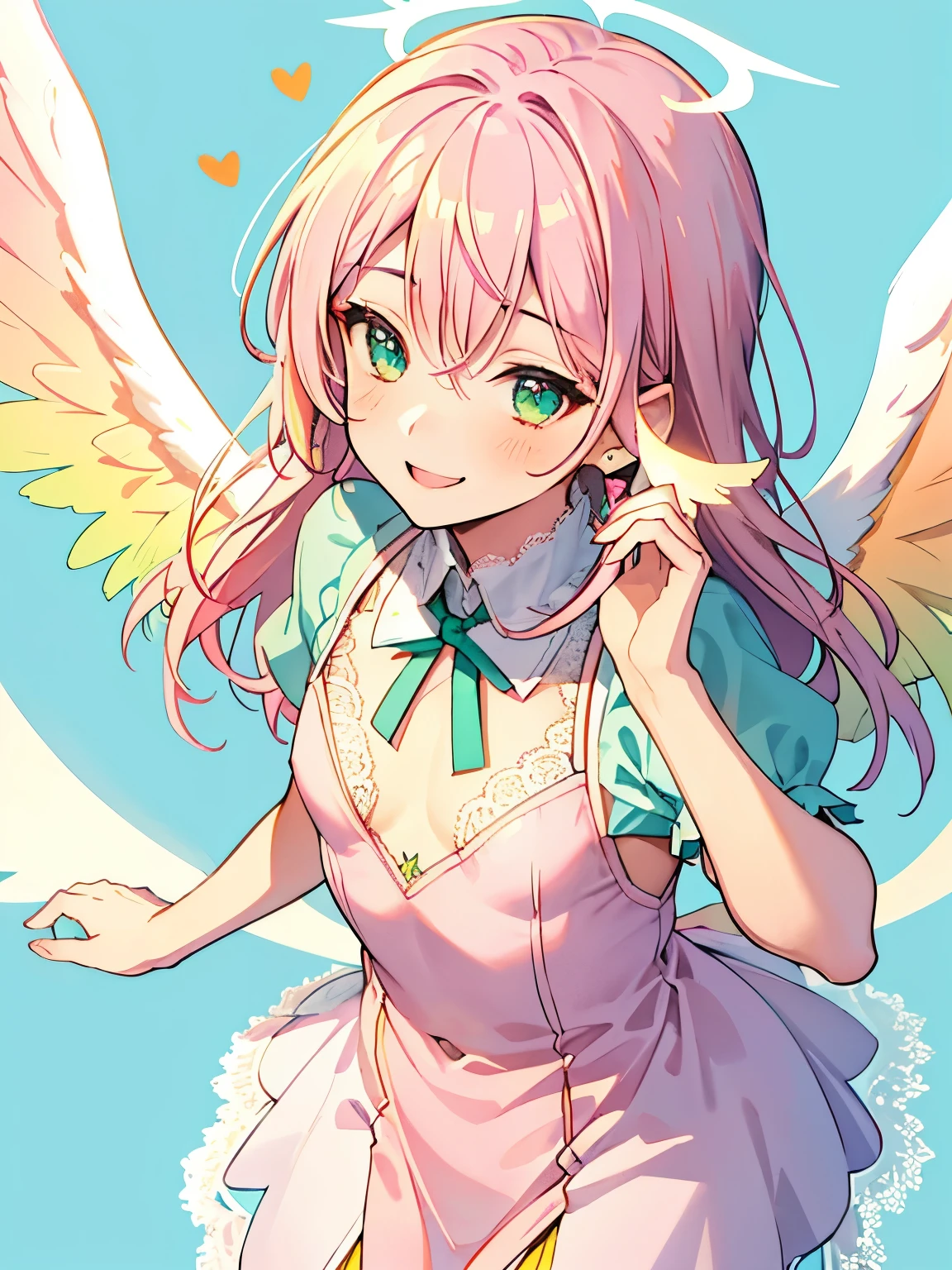 ((male)),(small breasts:1.3),((women's clothing:1.2)),(Angle from above),casual street clothes,close up of face,((high resolution)),modest smile,cute pose,(lace pattern background),(white and pink and blue and yellow and green and orange),(angel wings)