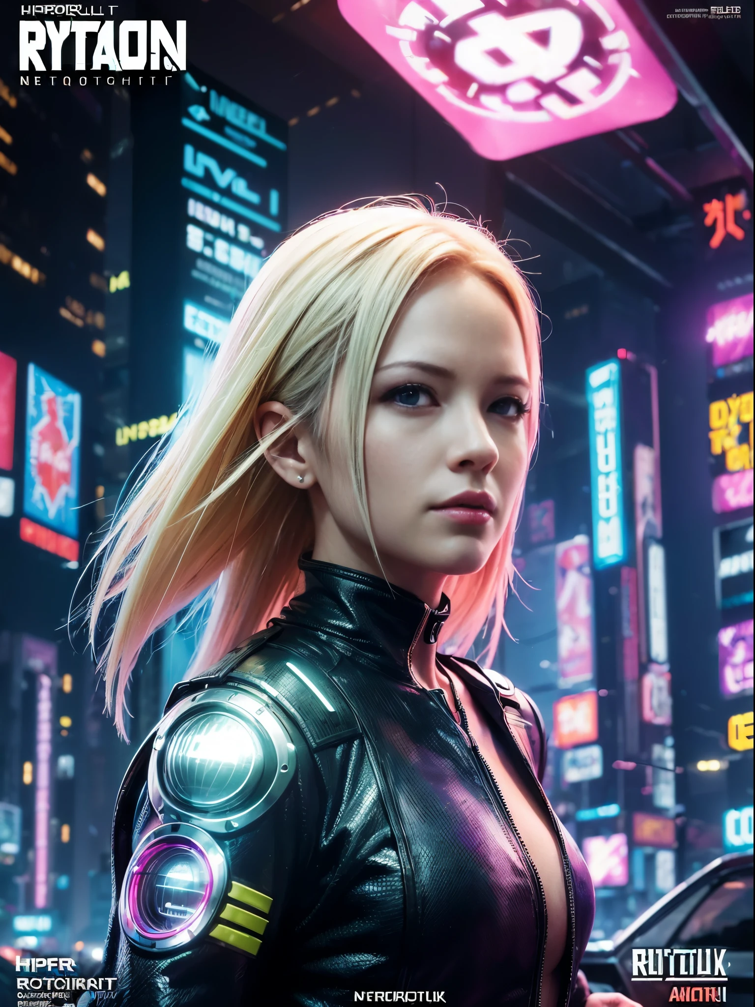 (photo realistic:1.4), (hyper realistic:1.4), (realistic:1.3), (smoother lighting:1.05), (increase cinematic lighting quality:0.9),(((Cyberpunk  magazine covers))),glossy cover,Android 18 from Dragon Ball,Rainbow Color