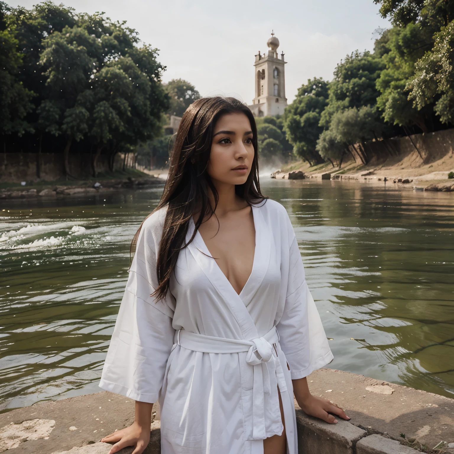 Woman in white robe,siendo bautizada por Jesucristo en el rio 