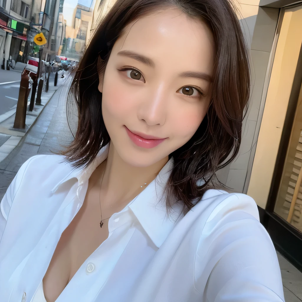 ((highest quality, 8k, masterpiece: 1.3)), sharp focus: 1.2, beautiful woman with perfect figure: 1.4, slim abs: 1.2, (layered hairstyles,: 1.2)), (wet white button long shirt: 1.3), rain: 1.3, street: 1.2, wet body: 1.1, Highly detailed face and skin texture, fine eyes, double eyelid, big breasts, smile,