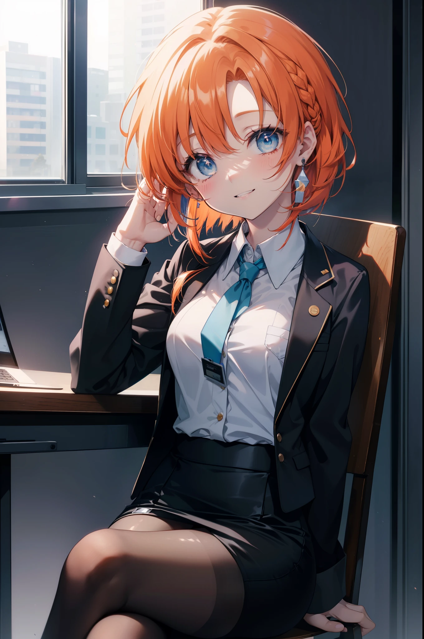 Rena Ryugu, rena ryuuguu, orange hair, long hair, short braid,hair blue eyes, smile, grin and laugh,black suit jacket, collared jacket, white dress shirt, collared shirt, neckline, button, strap, ID card on neck, black pencil skirt, black pantyhose, smile, blush, looking at the viewer, Charm, Mechanical,on your computer,sitting in a chair, interior,touch typing ,(small breasts:1.2)
break looking at viewer,
break indoors, office,
break (masterpiece:1.2), highest quality, High resolution, unity 8k wallpaper, (figure:0.8), (detailed and beautiful eyes:1.6), highly detailed face, perfect lighting, Very detailed CG, (perfect hands, perfect anatomy),