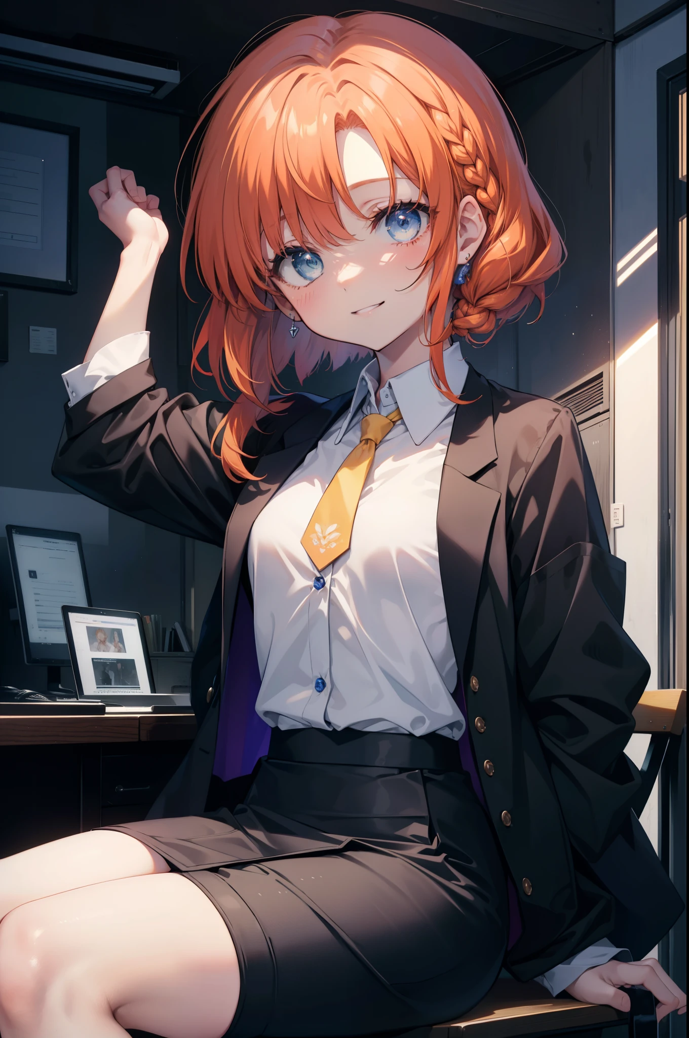 Rena Ryugu, rena ryuuguu, orange hair, long hair, short braid,hair blue eyes, smile, grin and laugh,black suit jacket, collared jacket, white dress shirt, collared shirt, neckline, button, strap, ID card on neck, black pencil skirt, black pantyhose, smile, blush, looking at the viewer, Charm, Mechanical,on your computer,sitting in a chair, interior,touch typing ,(small breasts:1.2)
break looking at viewer,
break indoors, office,
break (masterpiece:1.2), highest quality, High resolution, unity 8k wallpaper, (figure:0.8), (detailed and beautiful eyes:1.6), highly detailed face, perfect lighting, Very detailed CG, (perfect hands, perfect anatomy),