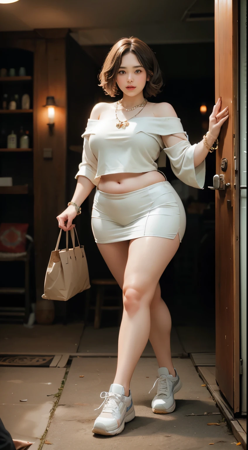 1 girl, slightly obese body, big size, round face, double chin, overweight, Shoulder length Fluffy short curly hair , high-long white hoodie lace gauze skirt ,navel,holding her weight on her stomach and looking at the camera,dark room, walking , wearing a five bracelet and on her fingers, wearing a huge diamond necklace , Wear modest clothes, full body photoshoot , wearing a sneakers