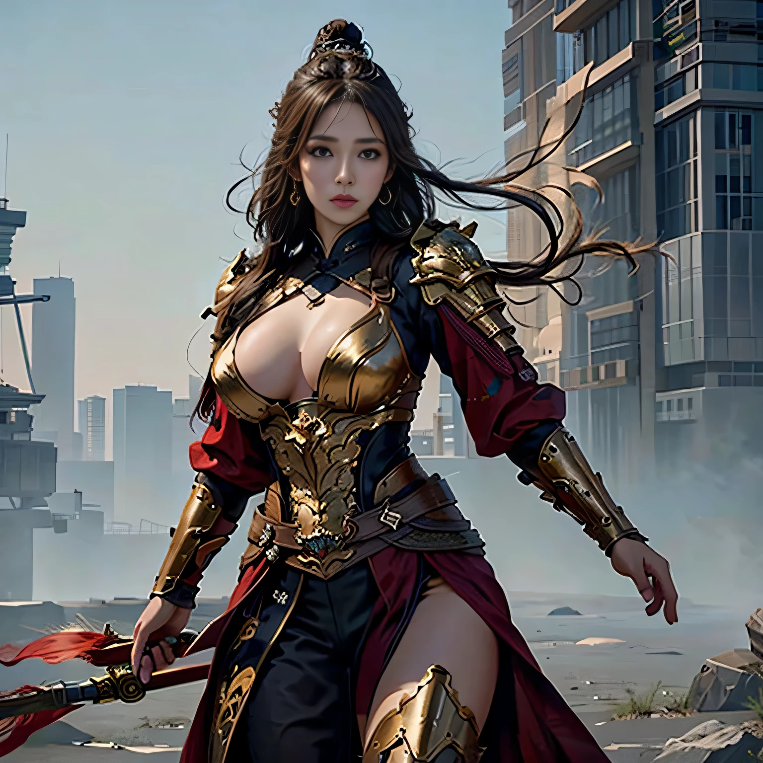 photorealistic portrait, high-res, Soft light, 1woman, bara, The picture sees the thighs.., Slender Figure, Hip up, gleaming skin, Overflowing big breasts, Reveal the breasts..., (higly detailed face), Beautiful Chinese Armor