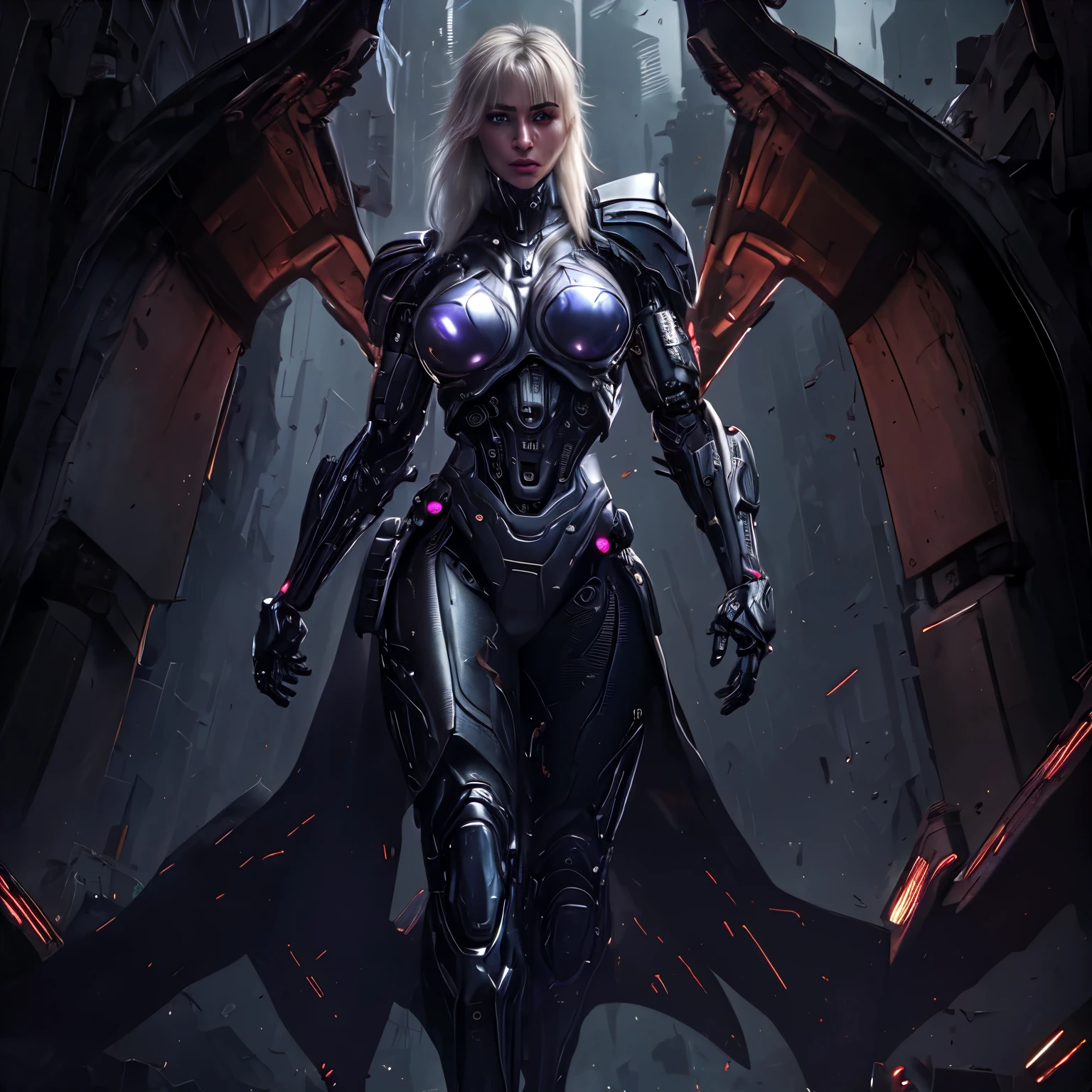 medium shot photo of sexy female cyborg wearing scratched and tarnished futuristic armor in a destroyed futuristic city, fantasy, sci-fi, beautiful feminine face, seductive, sexual, mist, vivid alluring eyes, best quality masterpiece, photorealistic, detailed, 8k, HDR, shallow depth of field, broad light, high contrast, backlighting, bloom, light sparkles, chromatic aberration, sharp focus, RAW color photo