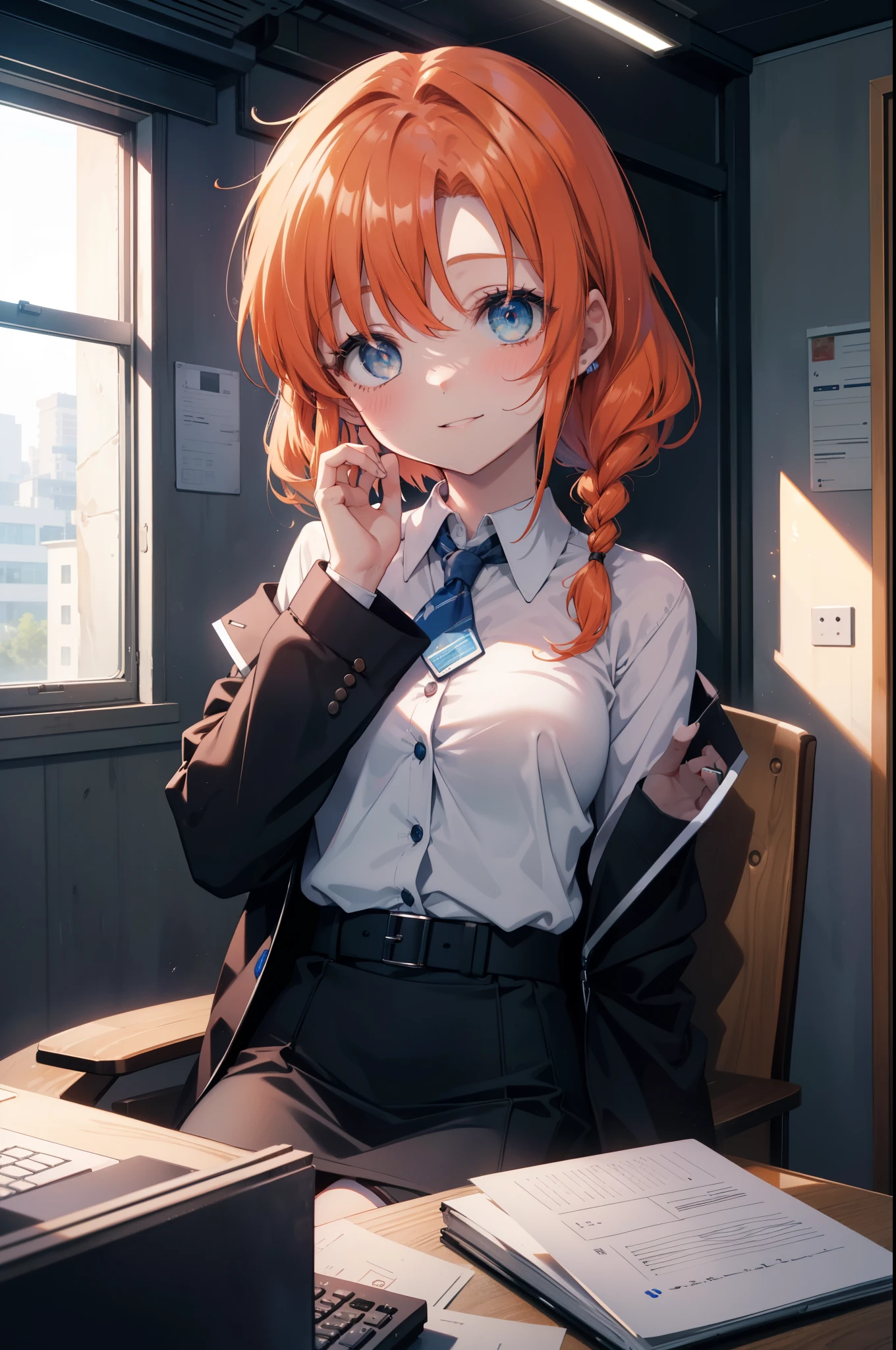 Rena Ryugu, rena ryuuguu, orange hair, long hair, short braid,hair blue eyes, smile, grin and laugh,black suit jacket, collared jacket, white dress shirt, collared shirt, neckline, button, strap, ID card on neck, black pencil skirt, black pantyhose, smile, blush, looking at the viewer, Charm, Mechanical,on your computer,sitting in a chair, interior,touch typing ,(small breasts:1.2)
break looking at viewer,
break indoors, office,
break (masterpiece:1.2), highest quality, High resolution, unity 8k wallpaper, (figure:0.8), (detailed and beautiful eyes:1.6), highly detailed face, perfect lighting, Very detailed CG, (perfect hands, perfect anatomy),