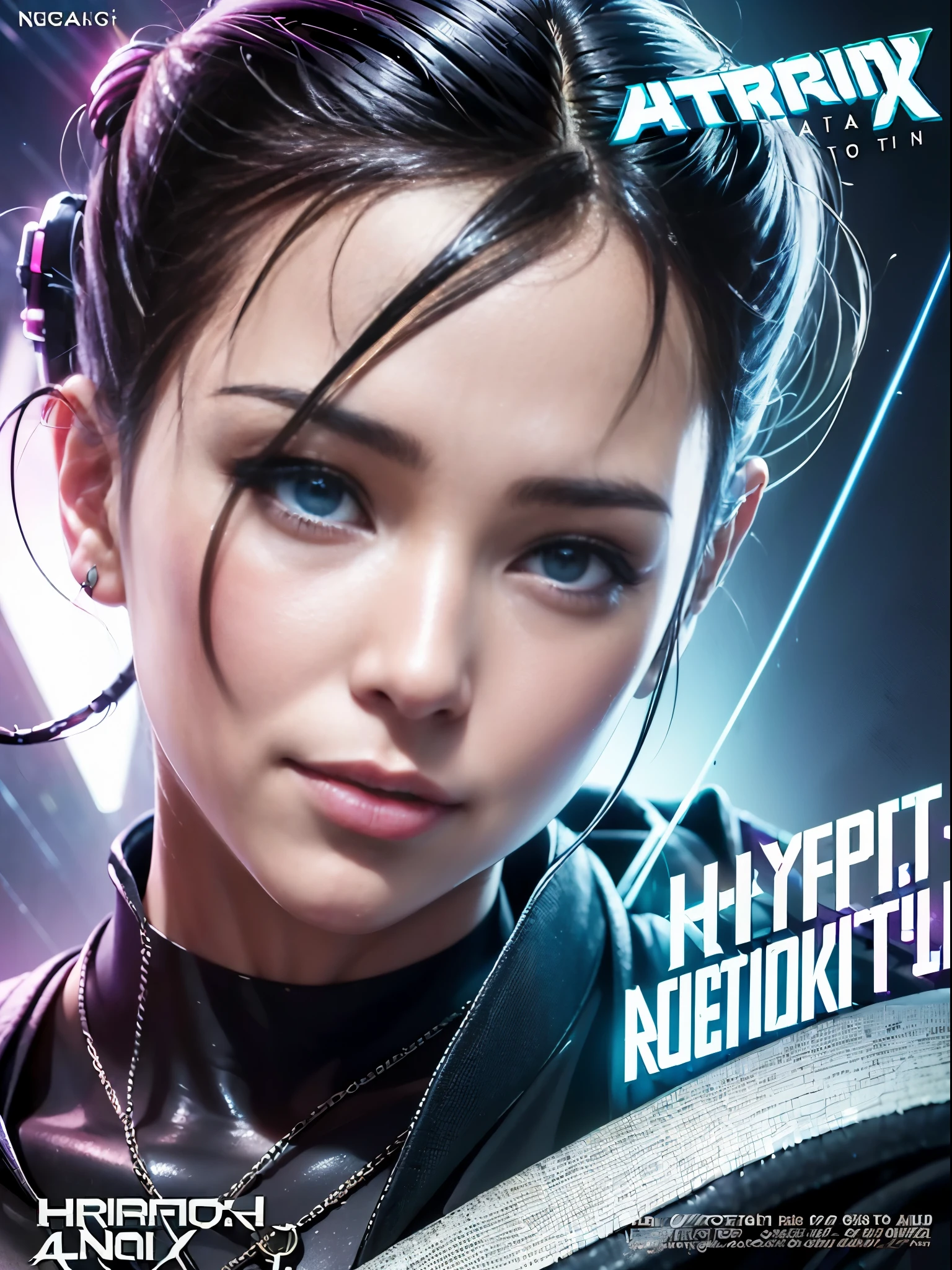 (photo realistic:1.4), (hyper realistic:1.4), (realistic:1.3), (smoother lighting:1.05), (increase cinematic lighting quality:0.9),(((Cyberpunk magazine covers))),glossy cover,Android 18 from Dragon Ball,Rainbow Color